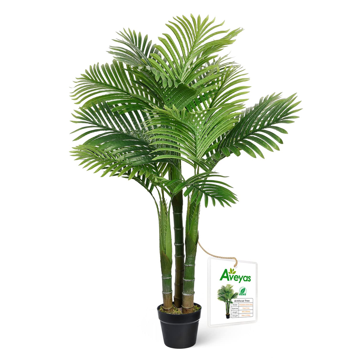 Aveyas 4ft Artificial Golden Cane Palm Silk Tree in Cemented Plastic Pot - Large Fake Tropical Faux Topiary Plant for Indoor & Outdoor Decor - Perfect for Patio, Office, Living Room, House, and Home Floor Decoration