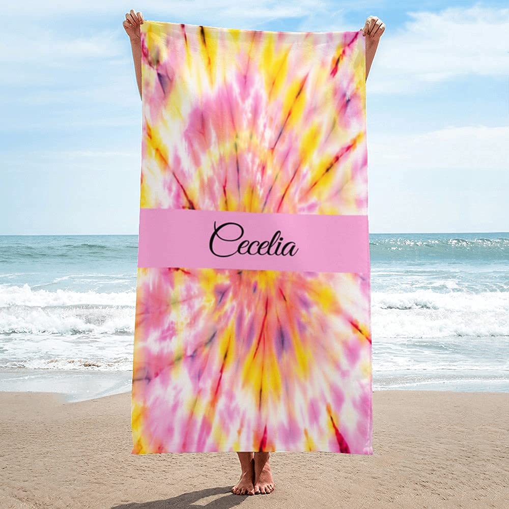 Custom Tie Dye Beach Towels with Name - Personalized Beach Towel for Adults | Naisian NIANWUDU E-Shine | Perfect for Beach Vacations, Pool Parties & Summer Outings