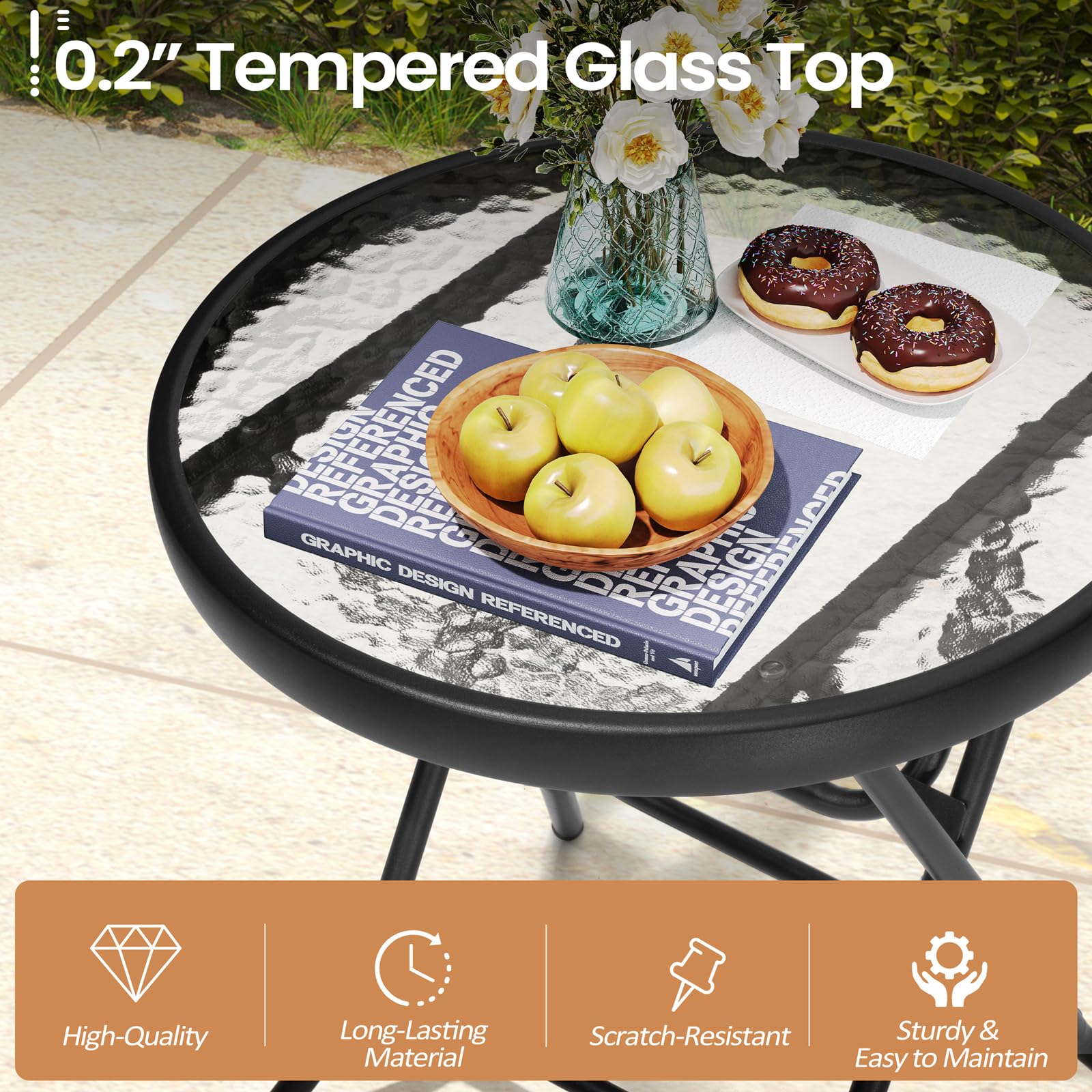 Foldable Side Table Set of 2 with Tempered Glass Top 18