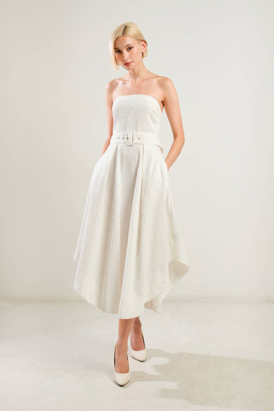 LIFE'S COMPASS White Strapless Midi Dress - Elegant Summer Wedding Guest Dress for Beach Parties & Cocktail Events