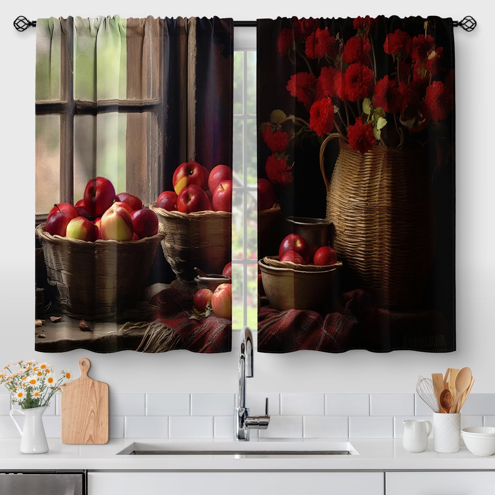 Farmhouse Apple Fruit Kitchen Curtains - Rustic Vintage Cafe Curtains with Rod Pocket, 2 Panels 28x45 Inches, Country Style Window Drapes for Kitchen, Dining Room & Living Room Decor - Perfect for Farmhouse, Cottage & Retro Home Styling