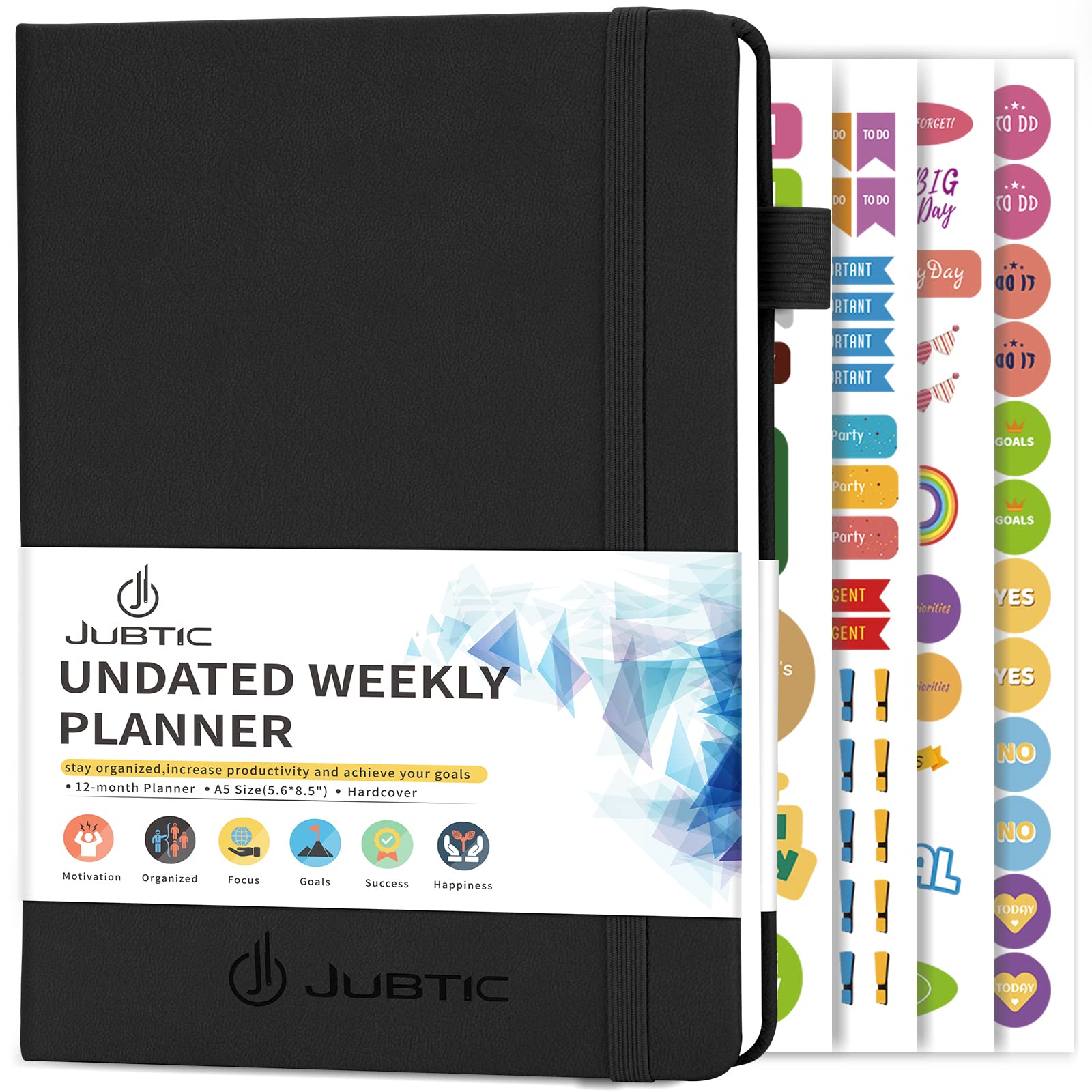 JUBTIC Undated Weekly & Monthly Planner - A5 Productivity Notebook with Stickers, To-Do List, Calendar for Time Management & Organization | Perfect for Work, School, Home Office & Daily Planning (Black) 2025