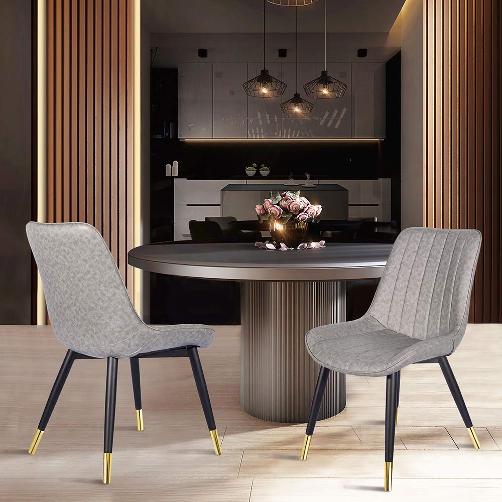 Modern Gray Leather Dining Chairs with Gold-Tipped Metal Legs - Set of 2 Upholstered Kitchen Chairs for Dining Room, Living Room & Bedroom | Elegant Home Decor for Indoor Entertaining & Family Gatherings