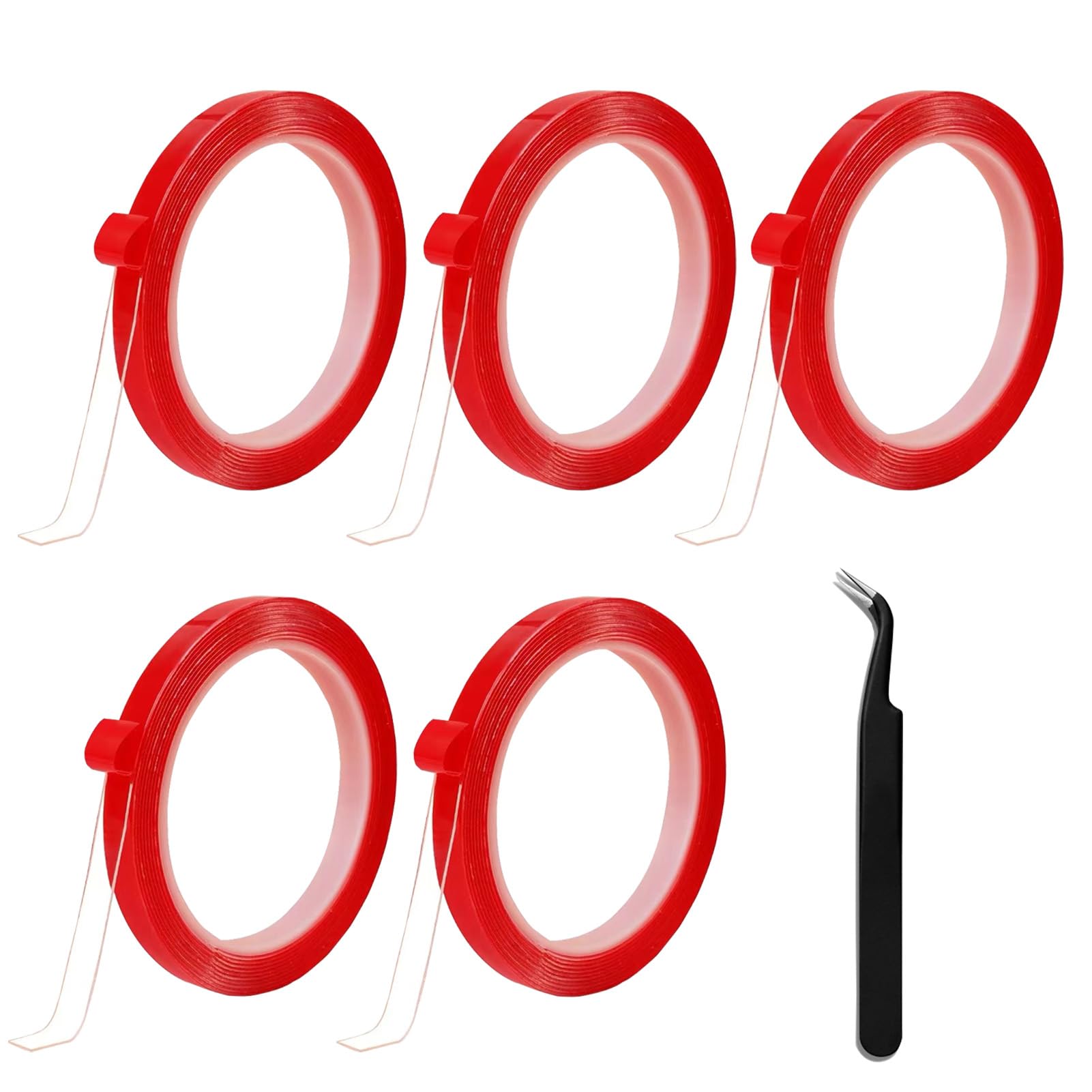 5 Rolls Double Sided Nail Tape for Press On Nails - Strong Adhesive Fake Nail Tape for Nail Art, Salon & DIY Manicures - Perfect for Nail Packaging, Storage, Display & Press On Nail Supplies - Includes Free Tweezer for Easy Application