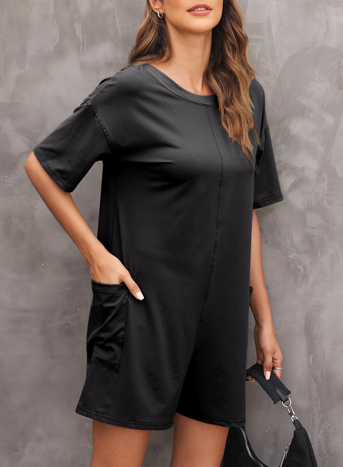 Happy Sailed Women's Casual Loose Crewneck Romper Jumpsuit with Pockets - Comfortable One Piece Short Sleeve Overall for Summer Outfits, Beach Wear and Daily Casual Style