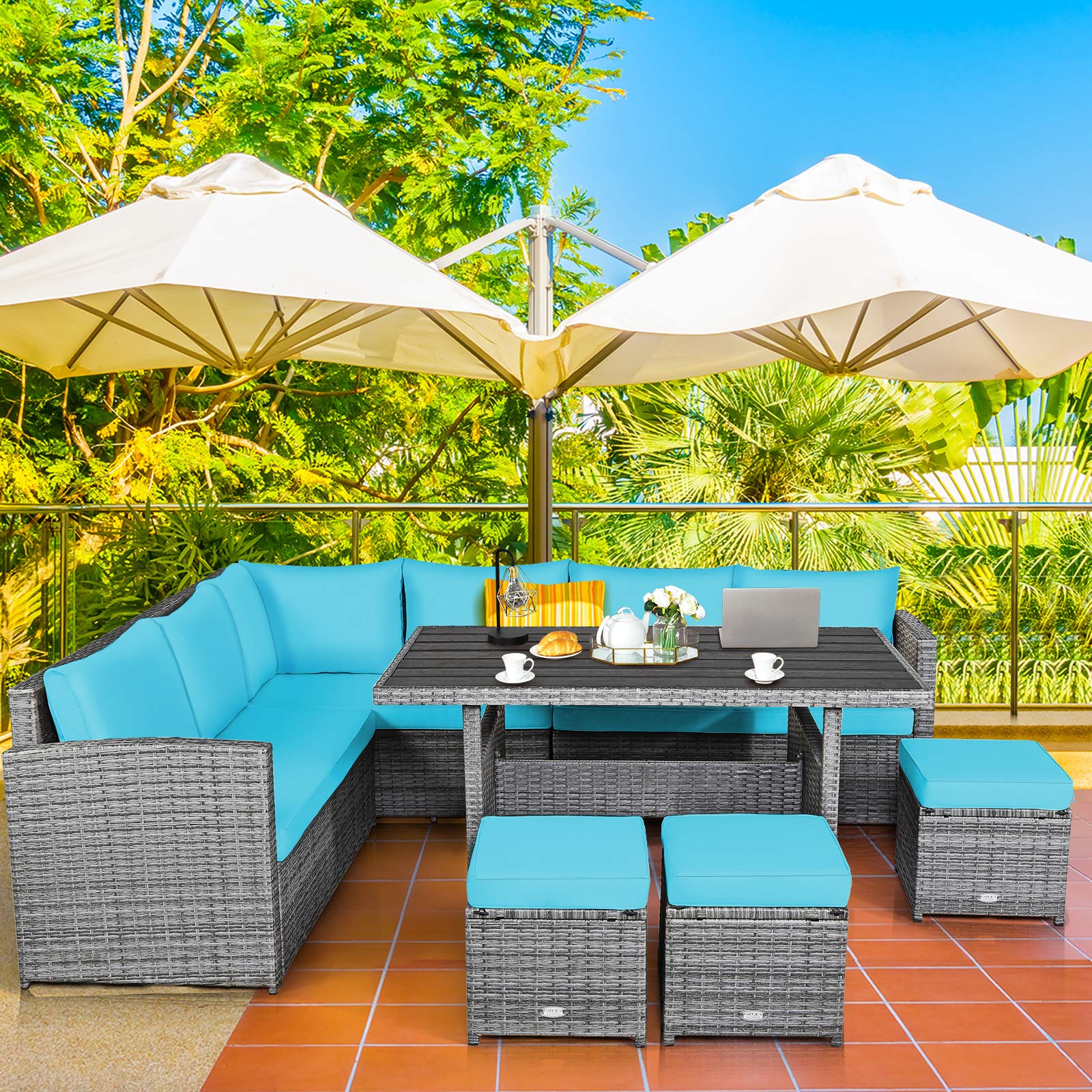Tangkula 7-Piece Outdoor Patio Furniture Set - All-Weather Wicker Sectional Sofa with Cushions, Dining Table & Ottomans - Turquoise - Perfect for Backyard, Garden, Poolside & Patio Relaxation
