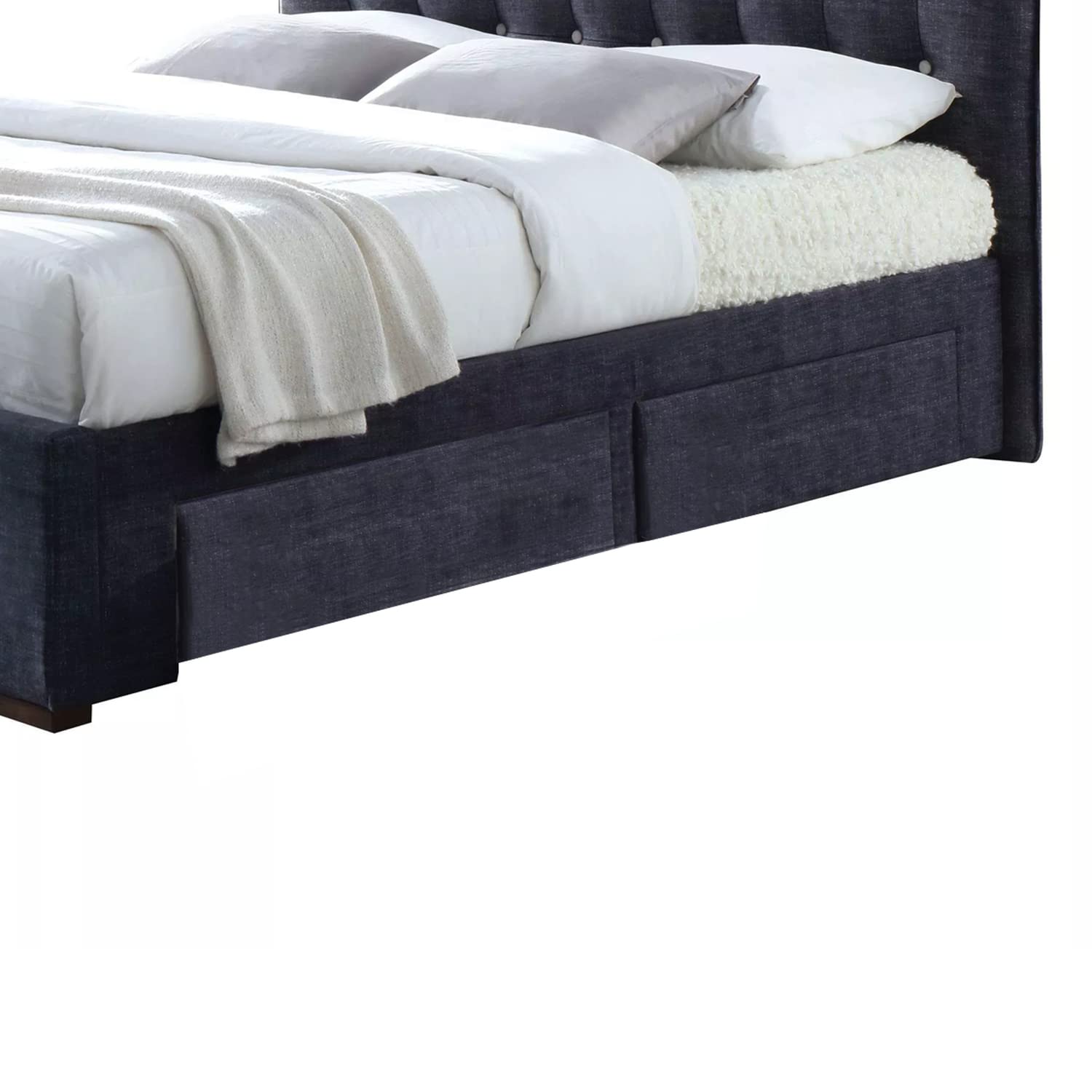 Benjara Dark Gray Fabric Upholstered Queen Size Storage Bed with Button Tufted Headboard - Modern Bedroom Furniture for Master Bedroom, Guest Room, and Small Spaces