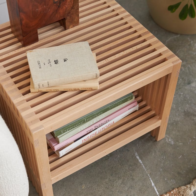 Eco-Friendly Zero Waste Slatted Side Table - Sustainable Wooden Nightstand for Bedroom, Living Room & Patio - Perfect for Small Spaces & Minimalist Decor