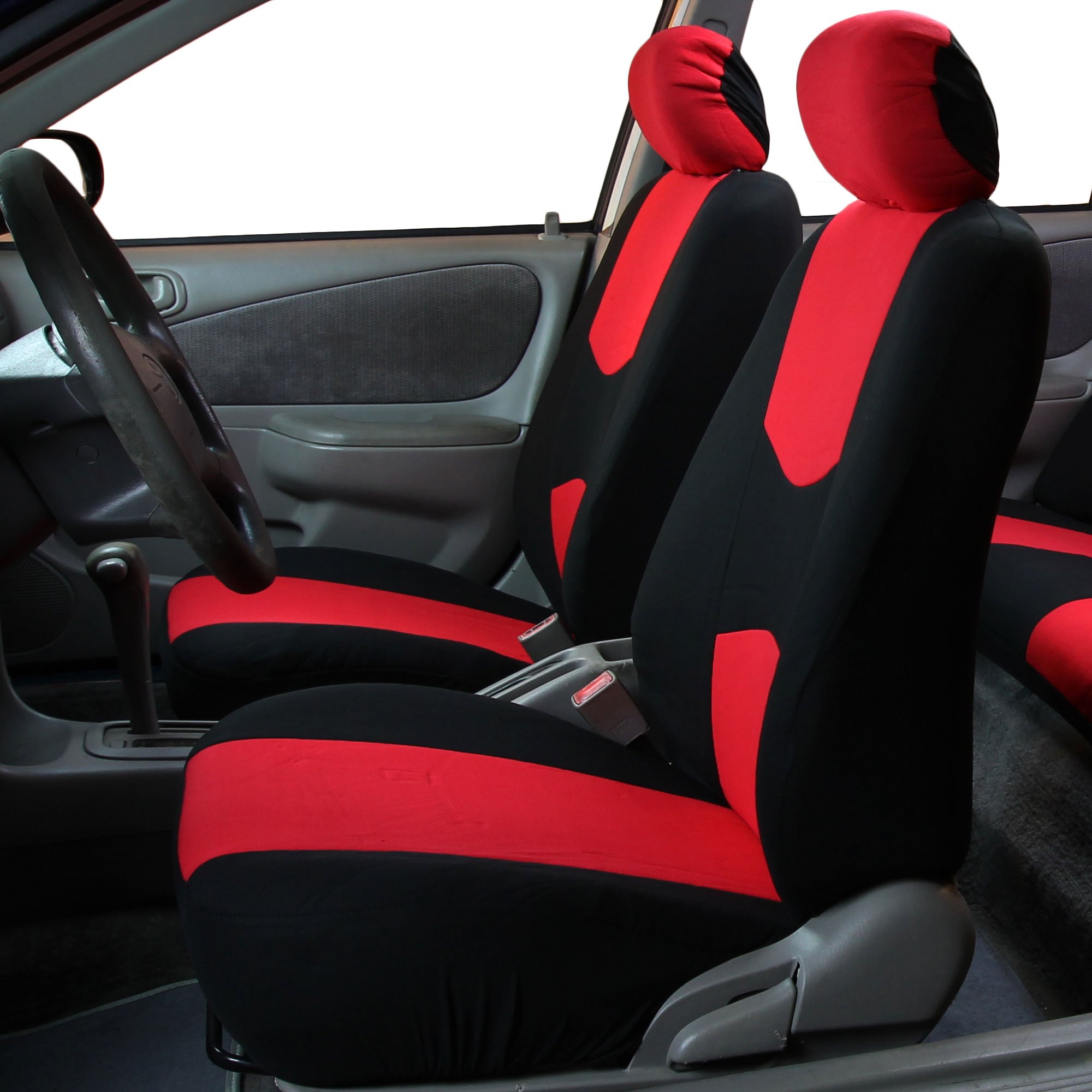 FH Group Universal Car Seat Covers - Full Set Red Flat Cloth for Vans, Trucks & SUVs - Durable Interior Protection