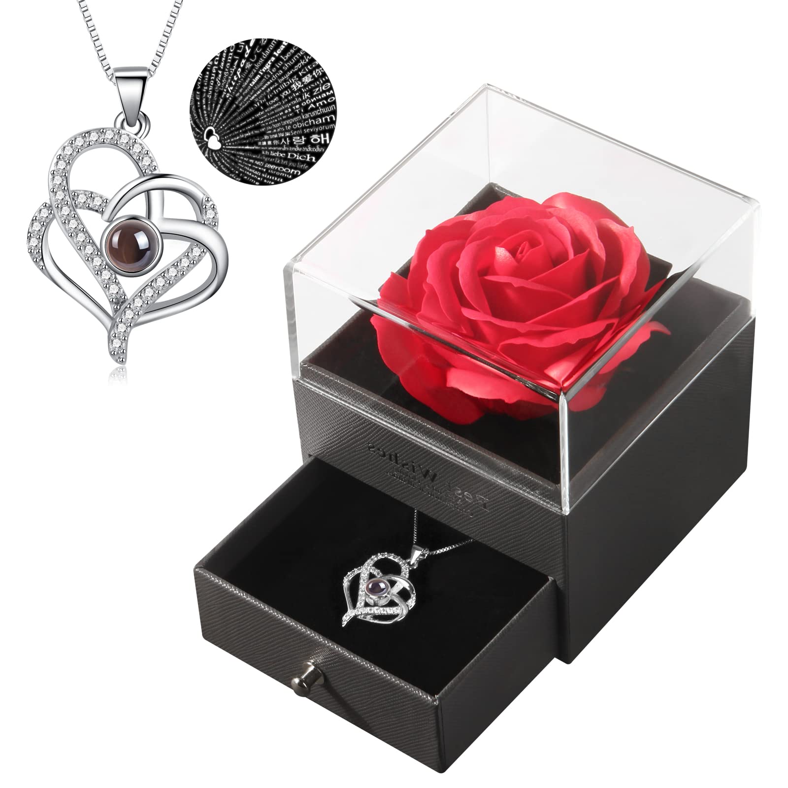 Forever Rose Necklace with 'I Love You' Heart & 100 Languages Projection - Romantic Valentine's Day Gift for Her, Birthday Present for Women, Wife, Girlfriend, Mom, Grandma - Eternal Rose Flower in Elegant Jewelry Storage Box - Perfect for Anniversaries, Proposals & Special Occasions