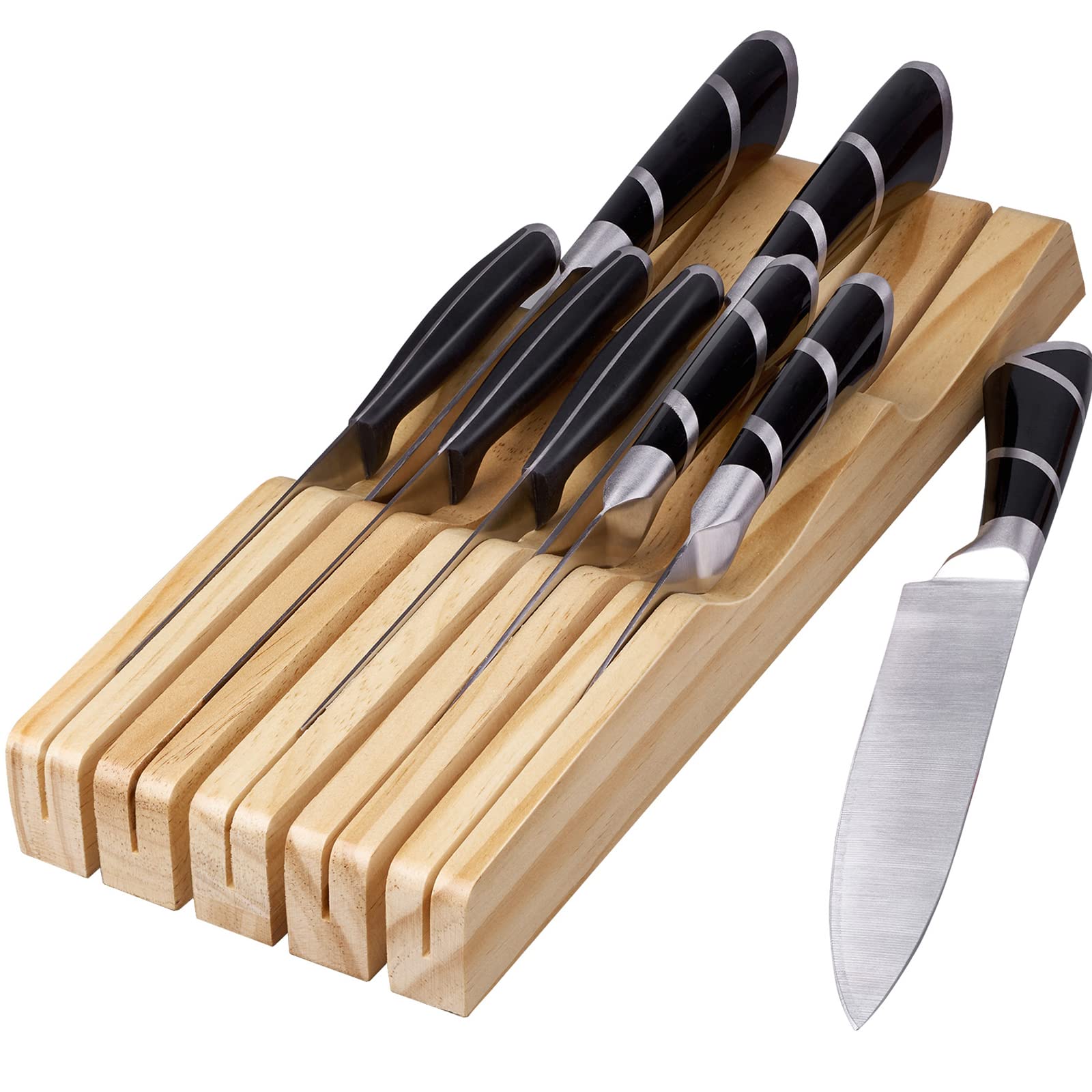 Premium Bamboo Drawer Knife Organizer - 9 Slot Solid Wood Knife Holder for Kitchen Drawers, Universal Chef & Home Knife Storage Insert - Perfect for Under Cabinet & Drawer Organization