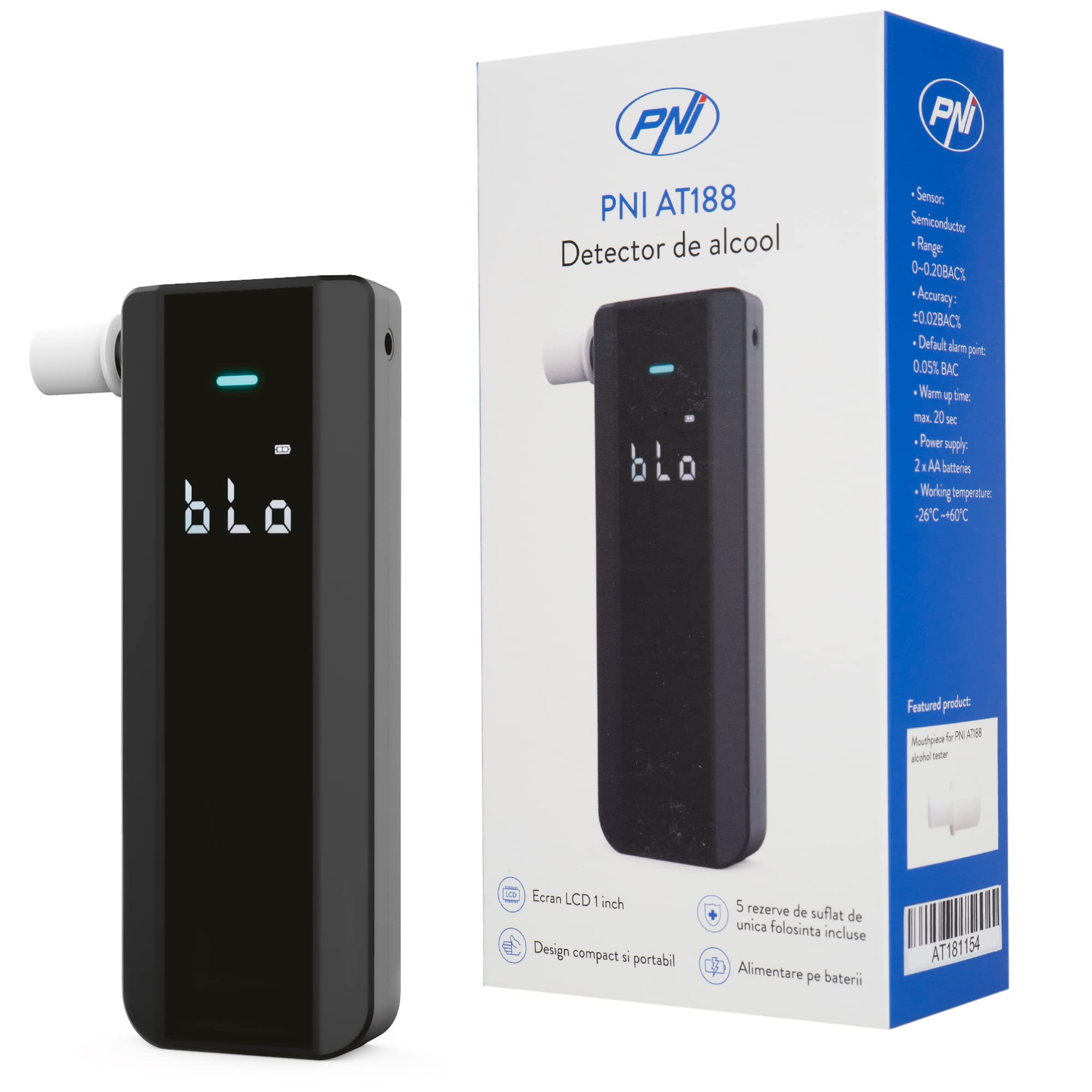 PNI AT188 Digital Alcohol Breathalyzer with LCD Display - Audible & Visual Alarms for Personal & Professional Use - Home, Office, and Road Safety Testing