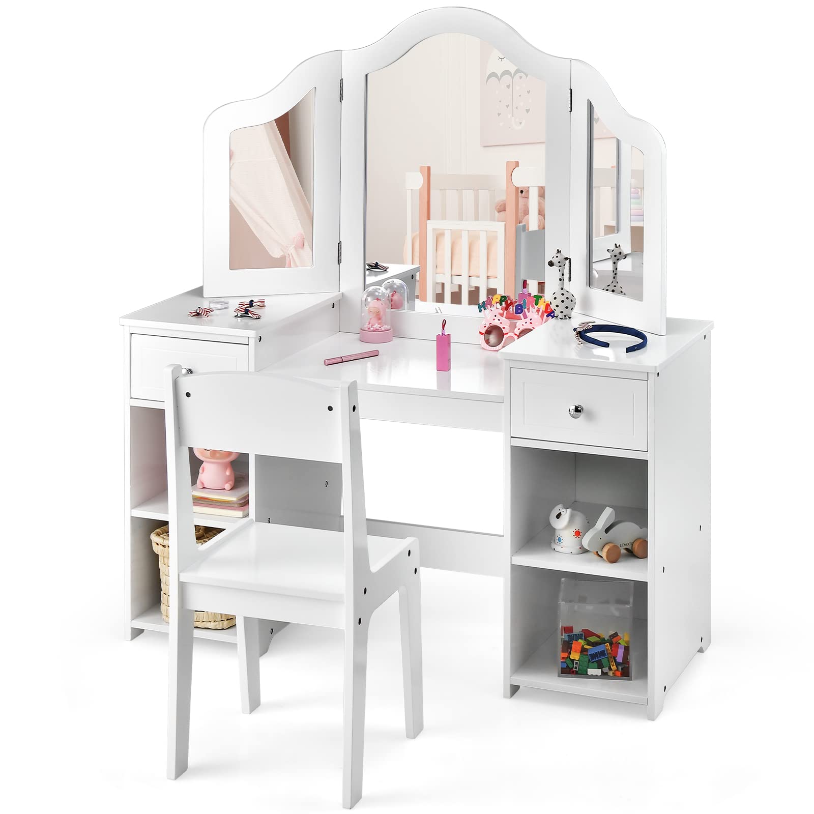 INFANS Kids Vanity Set - 2-in-1 Princess Makeup Desk & Chair with Storage Drawers, Tri-Folding Mirror & Shelves - Wooden Dressing Table for Girls - Pretend Play, Birthday Gift, Bedroom Decor for Toddlers & Kids