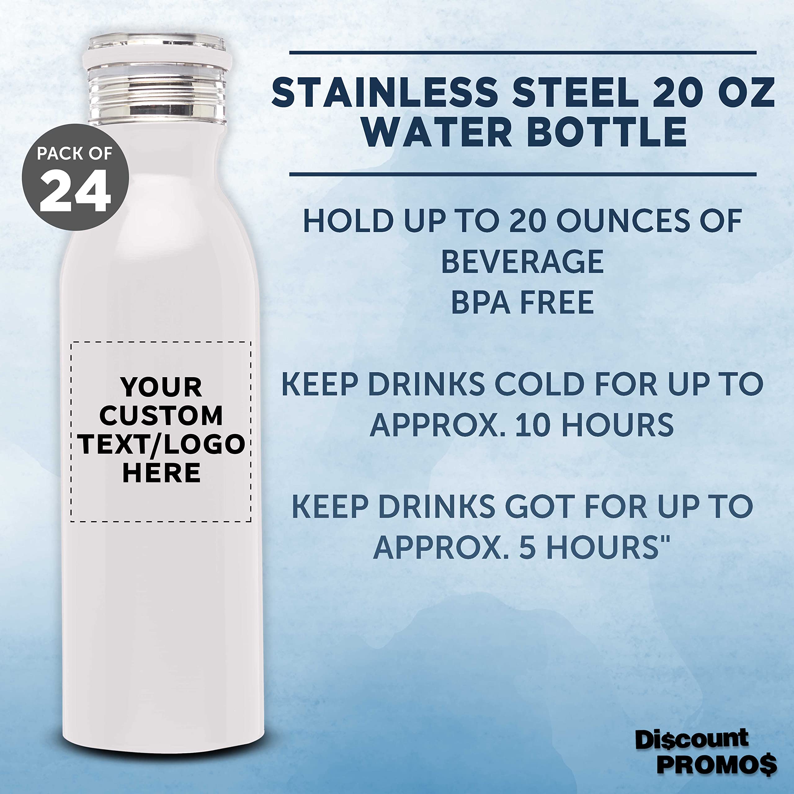 Echo 20 oz Custom Stainless Steel Water Bottles - Double Wall Insulated Bulk Pack of 24 - Personalized for Coffee, Tea, Soda & Cold Drinks - Perfect for Office, Gym, School & Outdoor Activities - White
