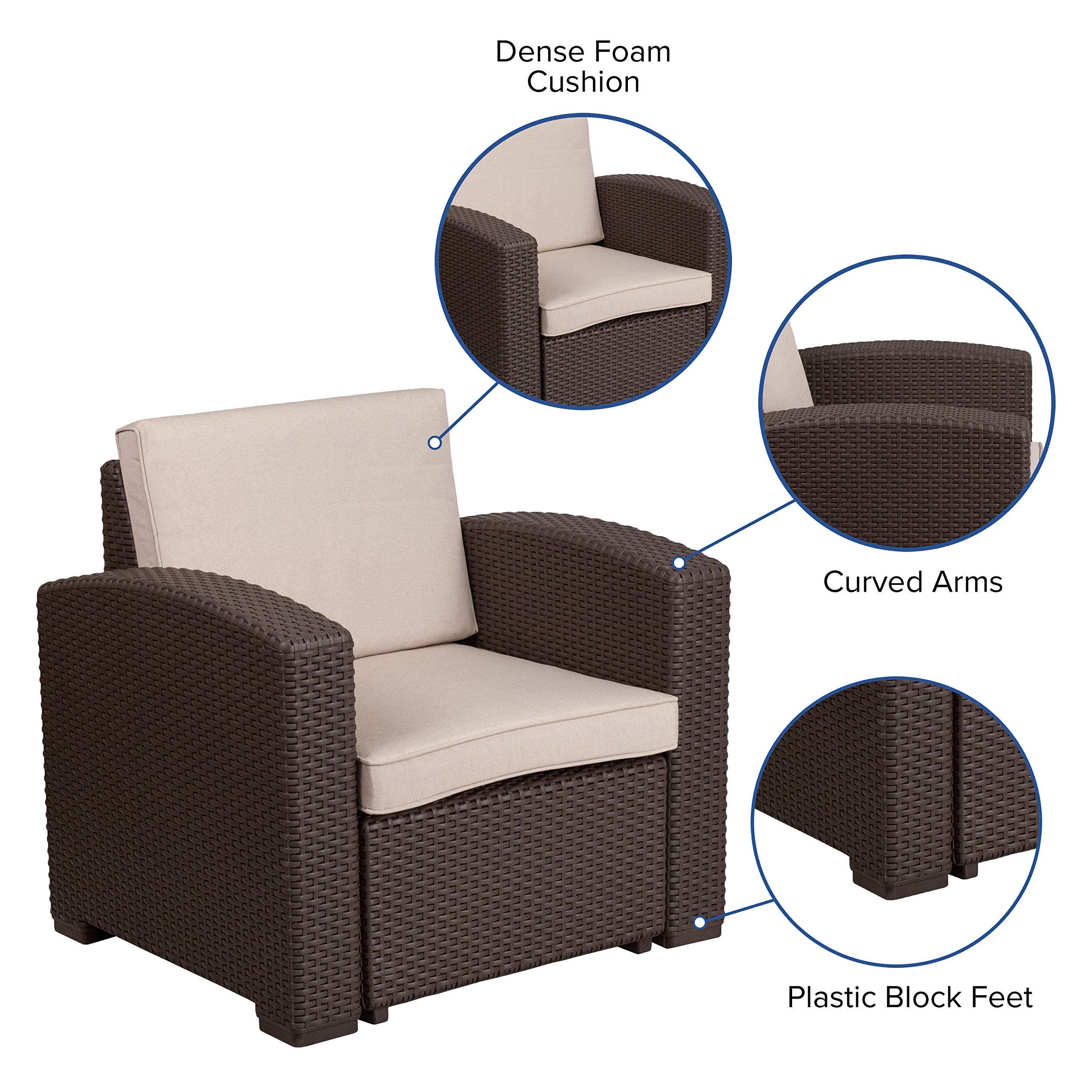 Emma & Oliver Chocolate Brown Faux Rattan Accent Chair with Beige Cushion - Boho Patio Furniture for Outdoor Garden, Porch, and Living Room Decor