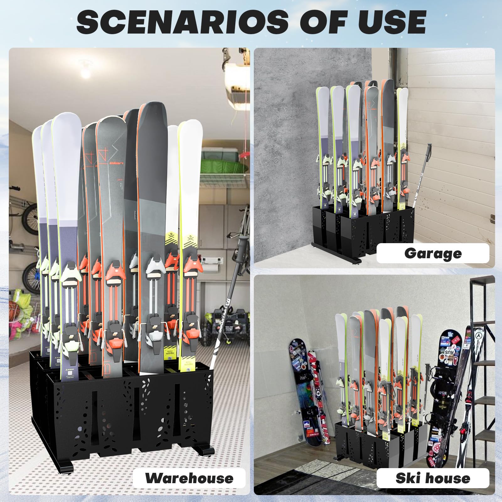 Heavy Duty 12 Pair Freestanding Steel Ski Storage Rack for Garage & Home - Indoor Ski Holder Organizer for Snowboard Equipment - Perfect for Winter Gear Organization in Basement, Mudroom or Ski Cabin