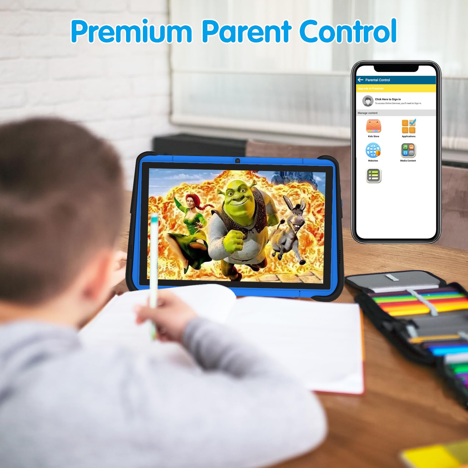 10 Inch Kids Tablet - Android Learning Tablet with WiFi, Dual Camera & 32GB Storage | Parental Control, Shockproof Case | Preloaded with Netflix & YouTube | Perfect for Boys & Girls (Blue) - Ideal for Homeschooling, Travel & Educational Playtime