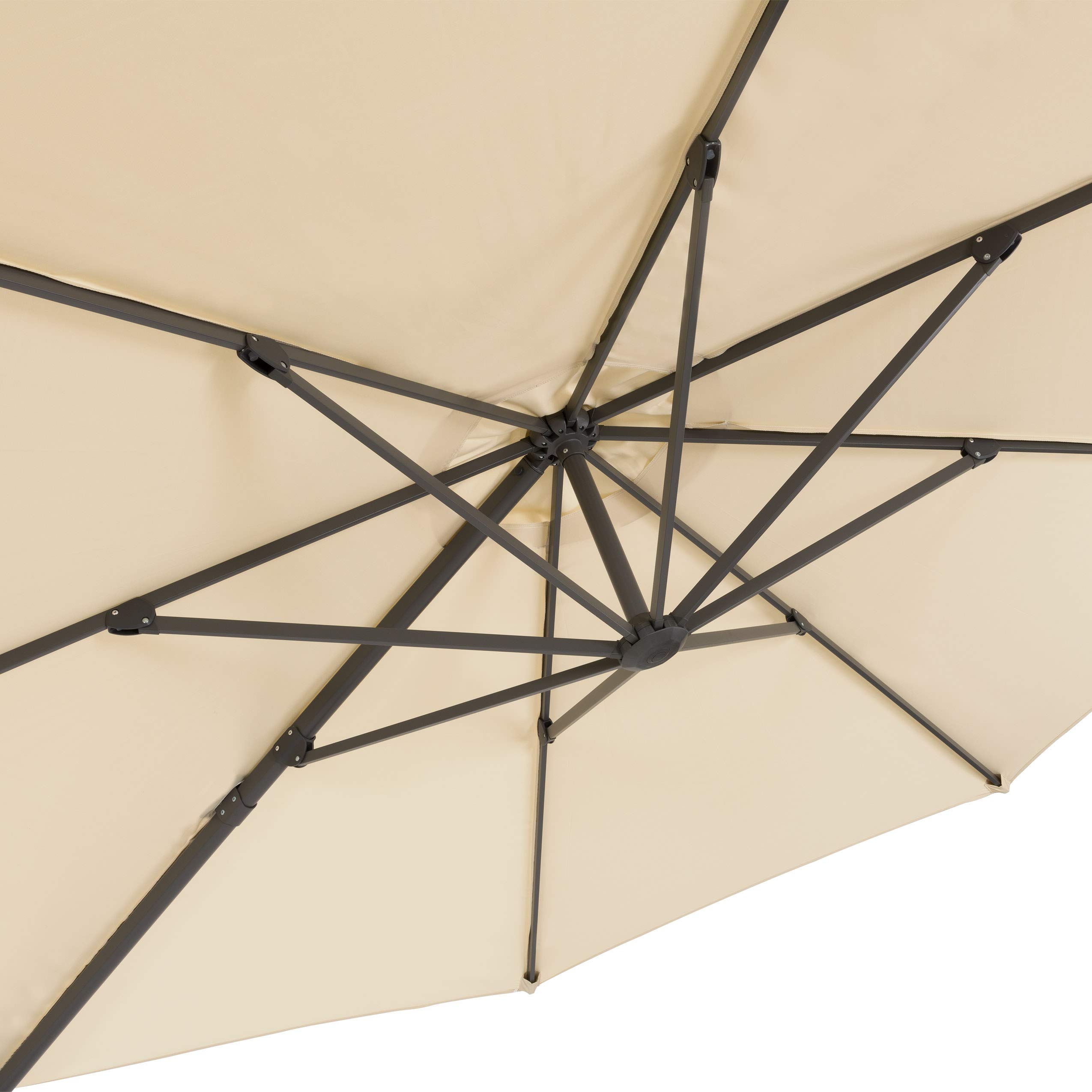 CorLiving 11.5ft Deluxe Offset Patio Umbrella with Base Weights - Warm White Fabric Canopy for Outdoor Shade - Perfect for Poolside, Backyard, Deck, and Garden Relaxation