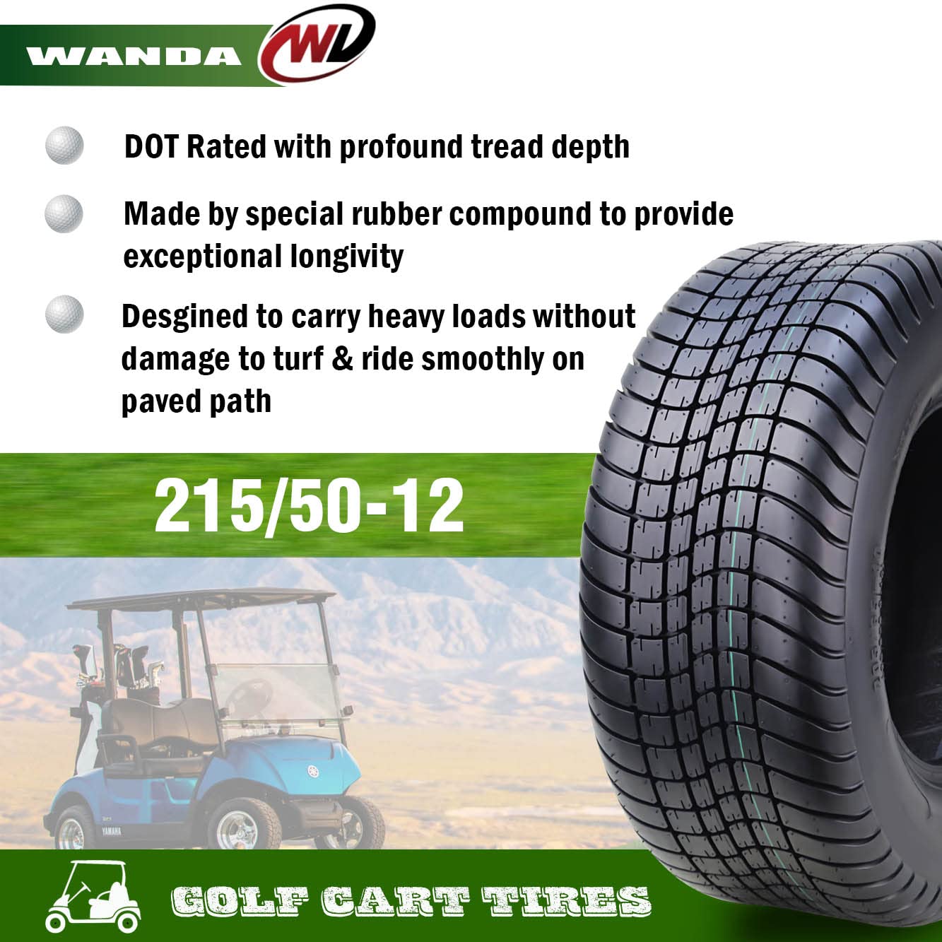 WANDA 215/50-12 Golf Cart & ATV Tires - 4 Ply All-Terrain Tires (Set of 2) - 215/50x12 - Perfect for Golf Carts, Utility Vehicles & Off-Road Adventures