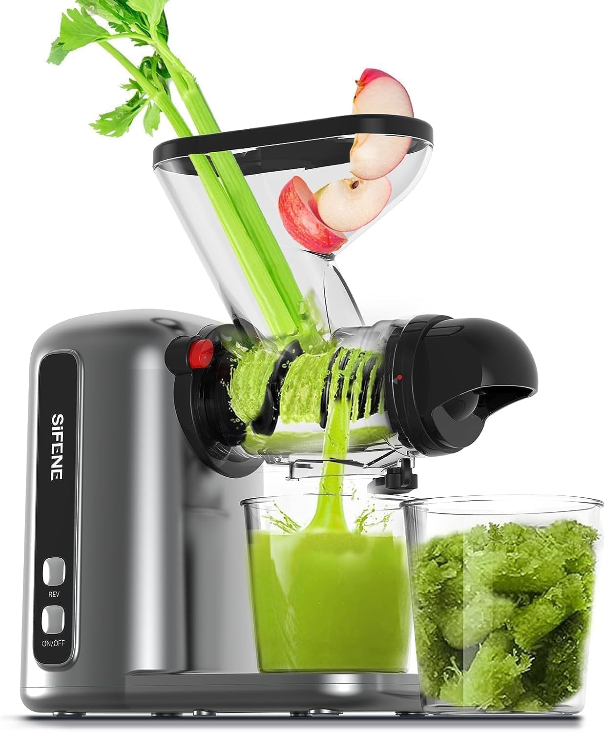 SiFENE Compact Cold Press Juicer - Single-Serve Slow Masticating Juicer for Small Families | Easy to Clean, Anti-Clog Design, Quiet Motor | BPA Free & Kid Safe | Perfect for Minimalist Kitchens & Healthy Morning Juices (Renewed, Gray)