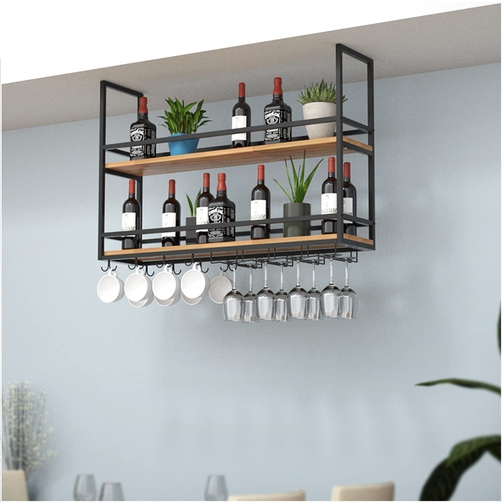 Floating Shelf for Wall or Ceiling - Rustic Wrought Iron & Solid Wood Wine Glass Rack with Guardrail | Space-Saving Storage for Kitchen, Living Room, Bar Decor | Perfect for Displaying Plants, Wine Bottles & Decorative Items