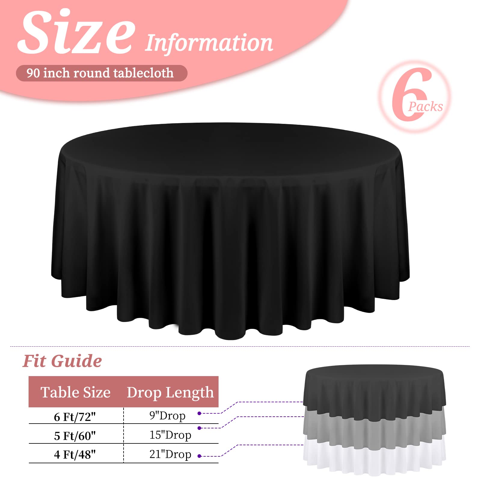 YMHPRIDE 6 Pack 90 Inch Round Tablecloth - Black Polyester Washable Table Covers for Wedding, Party, Dining, Banquet - Perfect for Formal Events, Restaurant Decor & Home Dining