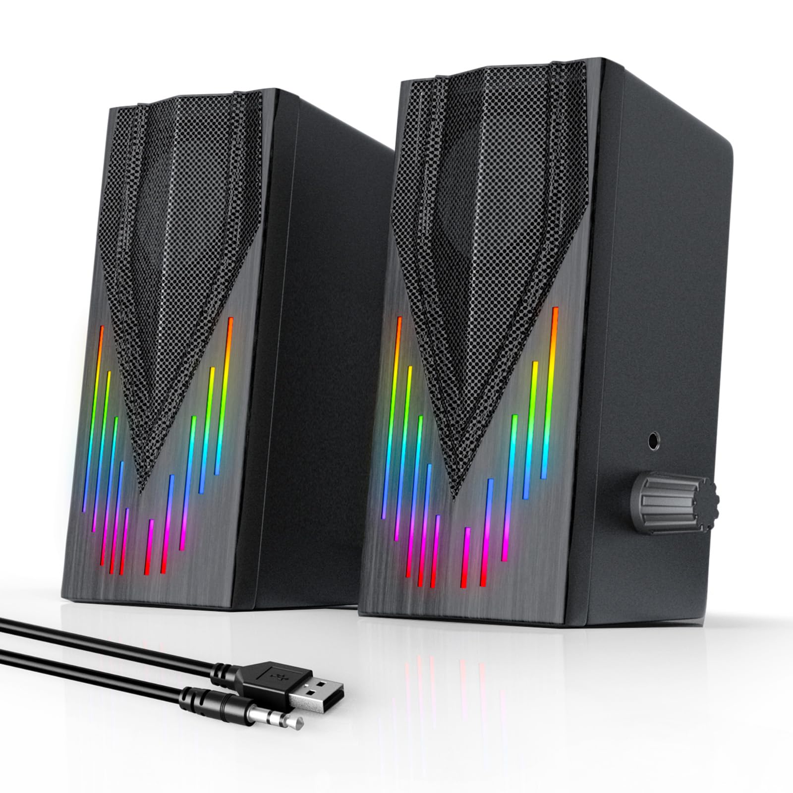 Premium RGB Computer Speakers for PC & Laptop - 6 Color LED Backlit Desktop Speakers with 3.5mm Aux - Compatible with Desktop, Laptop, Tablet & Phone (E1065, Black) - Perfect for Gaming, Home Office & Multimedia Entertainment