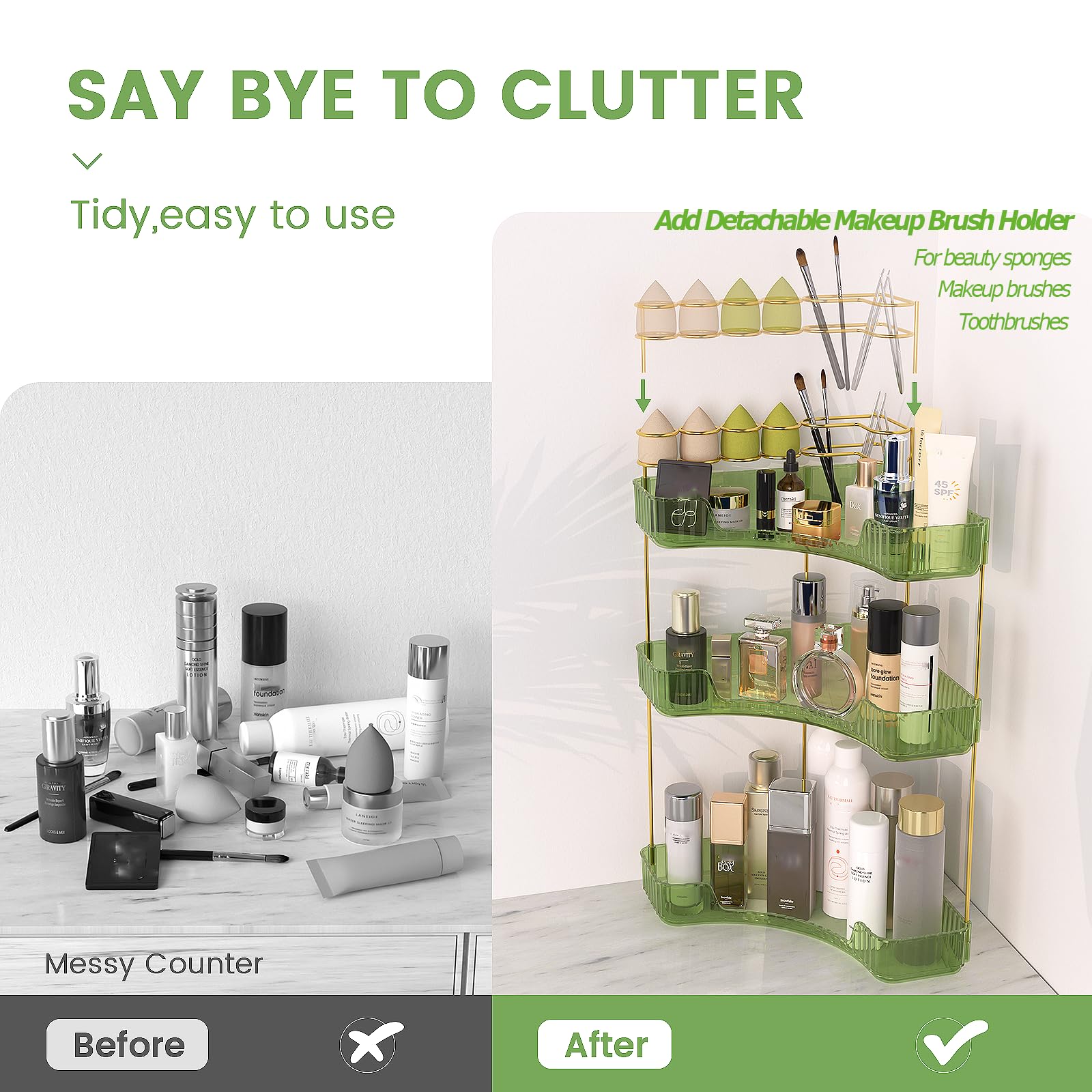 3-Tier Corner Makeup Organizer with Brush Holder - Green Vanity & Bathroom Storage for Cosmetics | Perfect for Small Spaces, Countertop Organization & Travel Essentials
