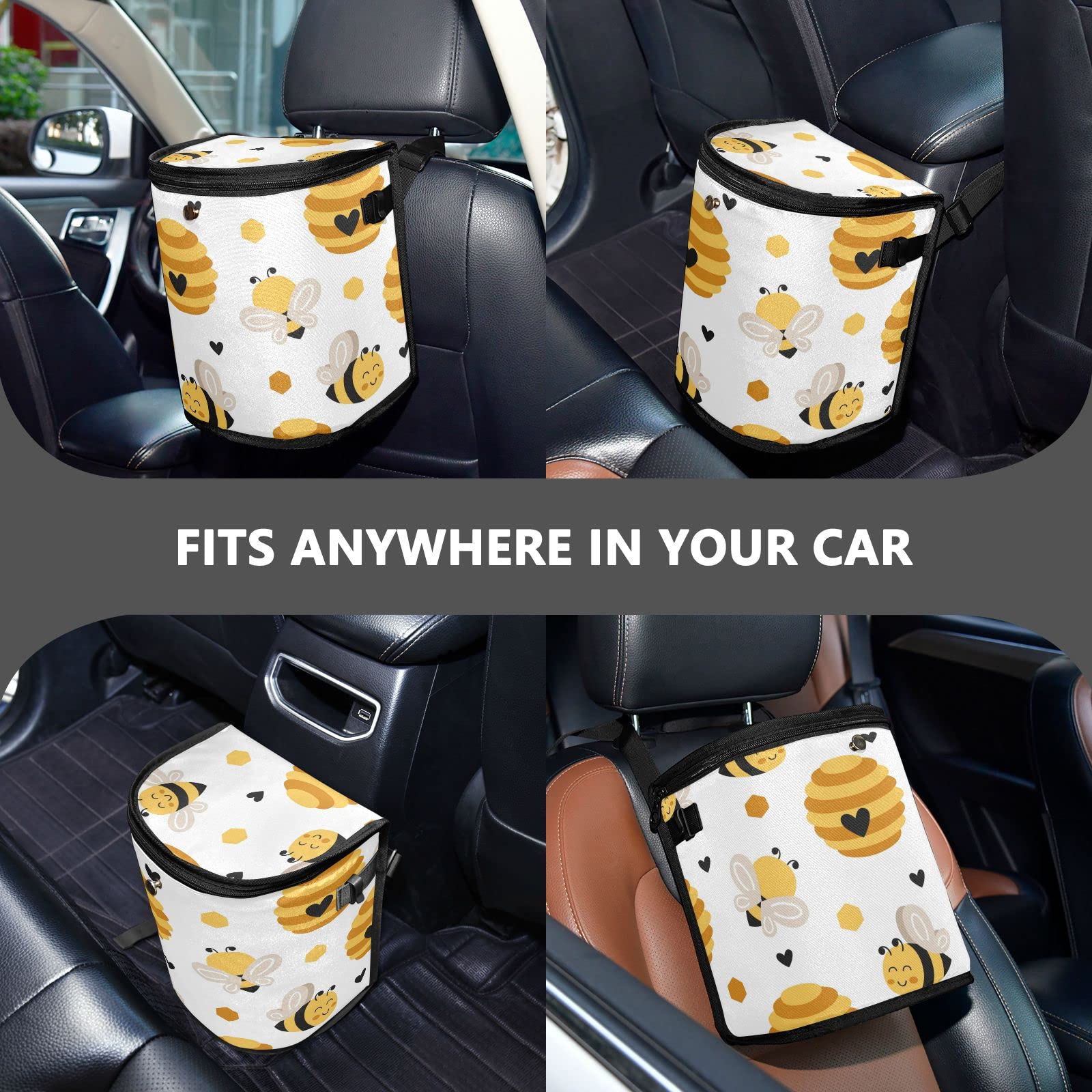 ASLSIY Cute Little Bee Car Trash Can with Lid - Waterproof Auto Garbage Bin, Hanging Leak-Proof Organizer, Collapsible Portable Car Trash Bag for Sedan, SUV, Truck | Perfect for Road Trips, Commuting & Keeping Your Vehicle Clean