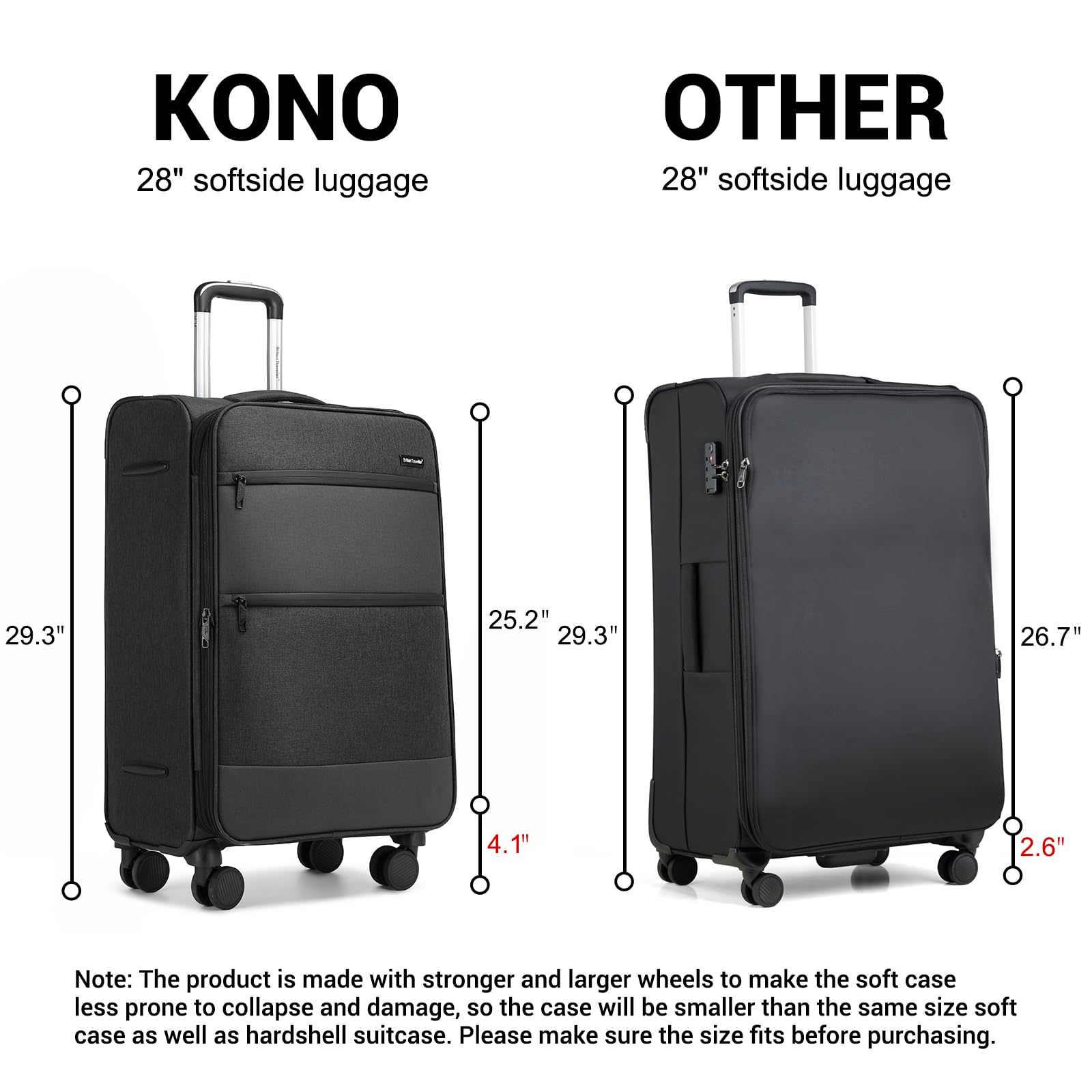 Kono Softside Expandable Checked Luggage 28 Inch - Lightweight Spinner Suitcase with 4 Drop-Resistant Wheels, Black - Perfect for International Travel, Business Trips & Family Vacations