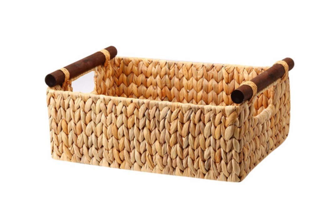 Handmade Straw American Solid Wood Handle Storage Basket - 37x26x16x13.5cm - Coffee Table Organizer, Snack Storage, Home Decor for Living Room & Bedroom