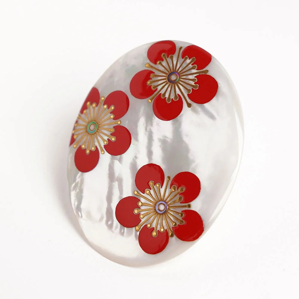 Handmade Japanese Maki-e Urushi Lacquer Brooch with White South Sea Pearl Shell - Plum Blossom Design | Traditional Asian Jewelry for Women, Bridal Accessories, Kimono Decoration & Special Occasion Gifts