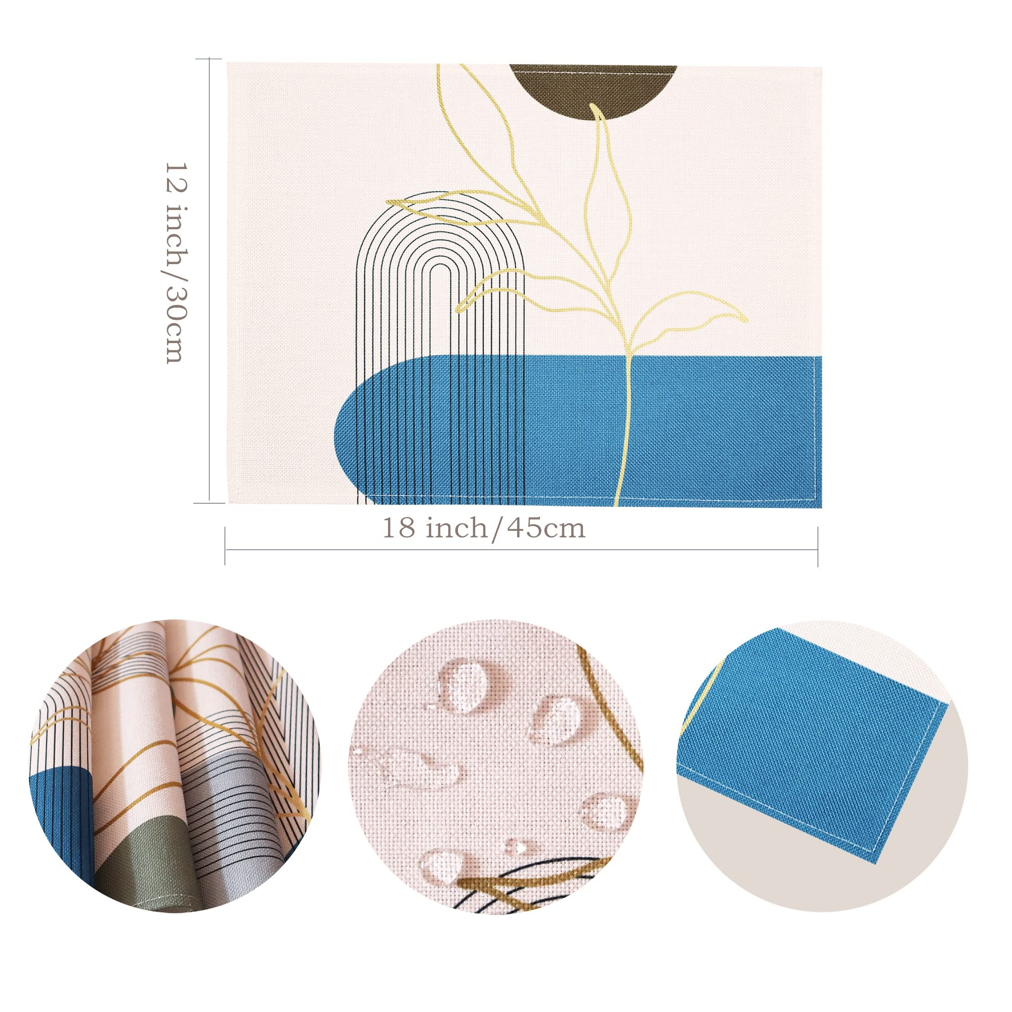 Mid Century Modern Linen Table Placemats Set of 8 - Heat Resistant & Machine Washable Kitchen Dining Mats (18x12 Inch) - Neutral Wipeable Fabric for Dinner Parties, Family Meals & Everyday Use