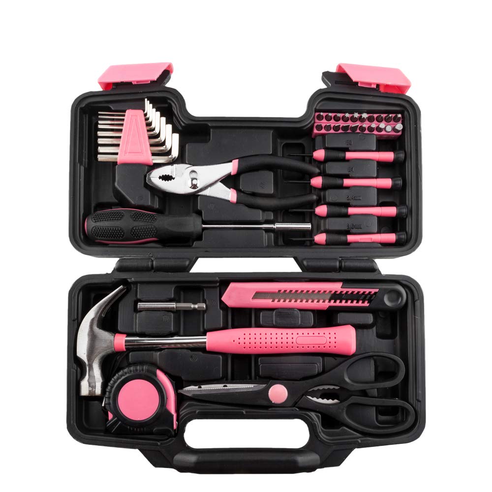 39-Piece Household Tool Kit Set with Plastic Storage Case - Pink - Essential Hand Tools for Homeowners, DIYers & Handymen - Perfect for Home Repairs, Maintenance & DIY Projects