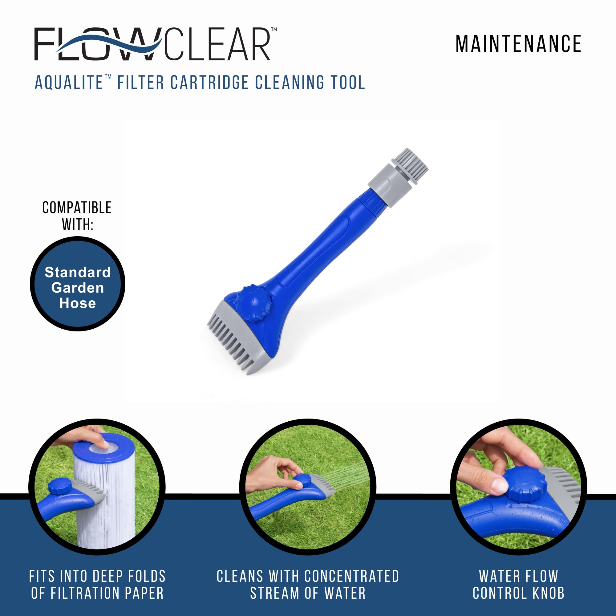 Bestway Flowclear Aqualite Pool Filter Cartridge Cleaning Tool - Removable Comb Head & Flow Control Knob - Ideal for In-Ground & Above Ground Pool Maintenance