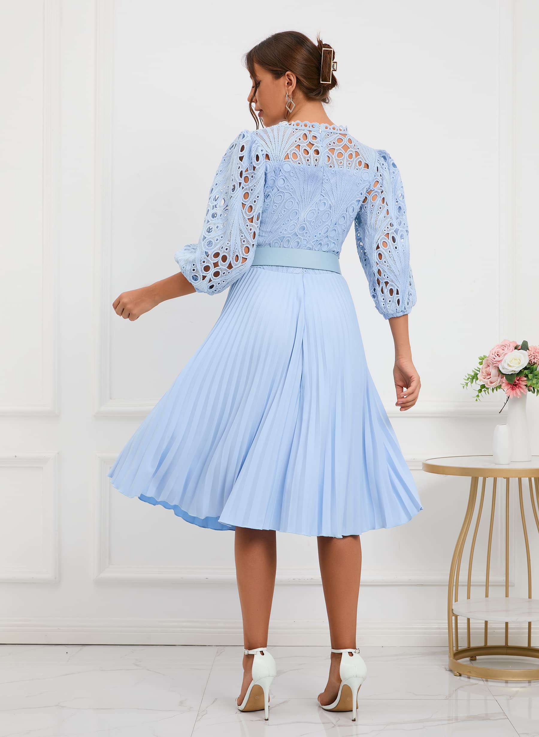 Elegant IWFEV Lace Pleated Midi Dress with Puff Sleeves - Hollow Out Design for Party, Evening Wear & Special Occasions | Perfect for Weddings, Cocktail Events & Date Nights