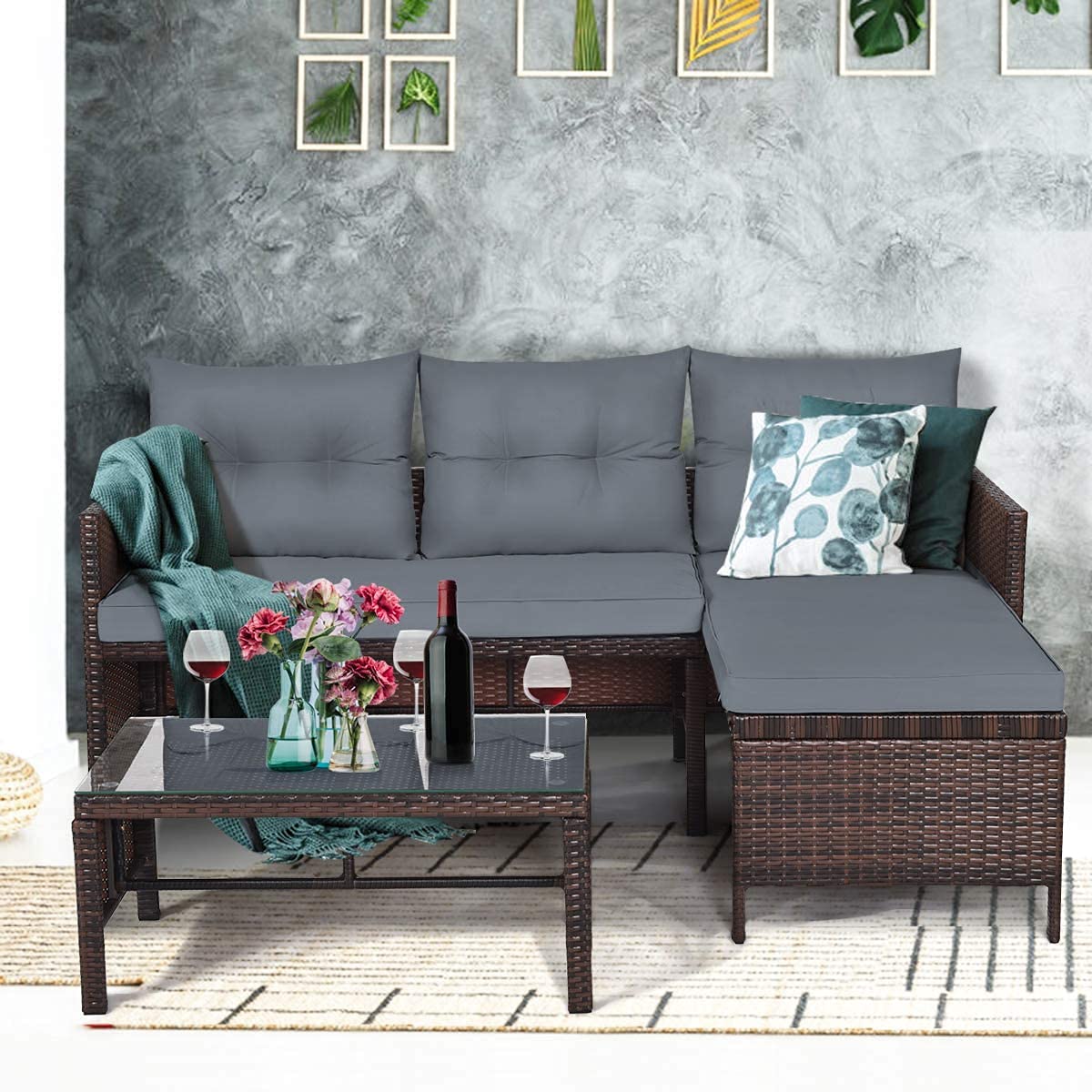 LUARANE 3-Piece Outdoor Patio Corner Sofa Set with Lounge Chair, Double Chair & Coffee Table - Waterproof Grey Wicker Furniture for Garden, Poolside, Backyard & Lawn Relaxation | Durable All-Weather Conversation Set for Outdoor Entertaining
