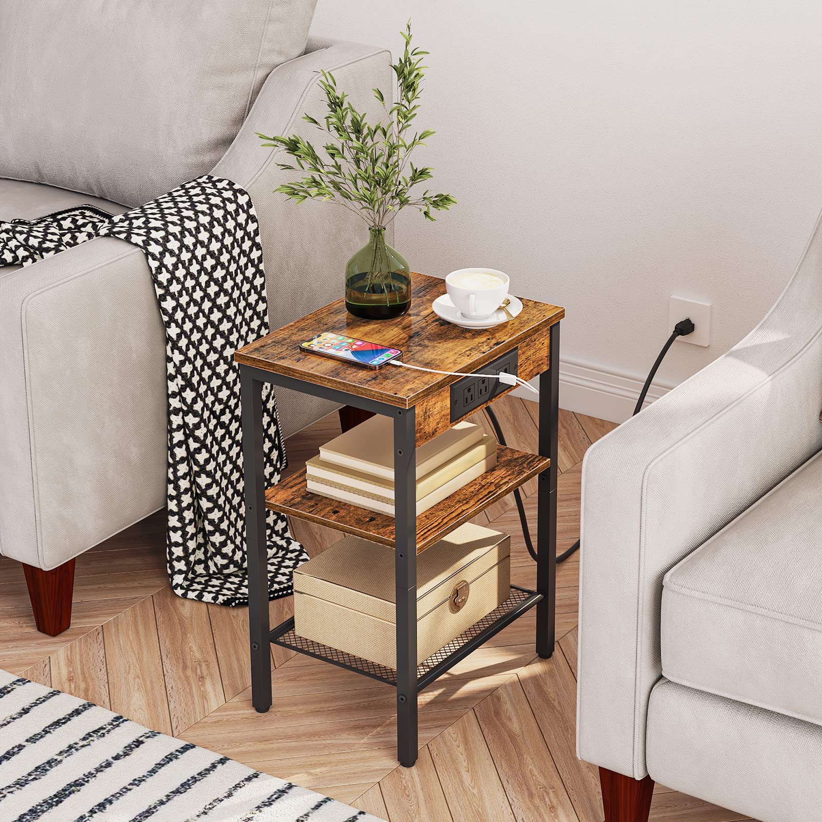 HOOBRO 3-Tier End Table with Charging Station & USB Ports - Adjustable Shelf Small Side Table for Living Room, Bedroom, Balcony - Rustic Brown Nightstand for Small Spaces | Perfect for Apartments, Dorms & Cozy Corners BF112BZ01