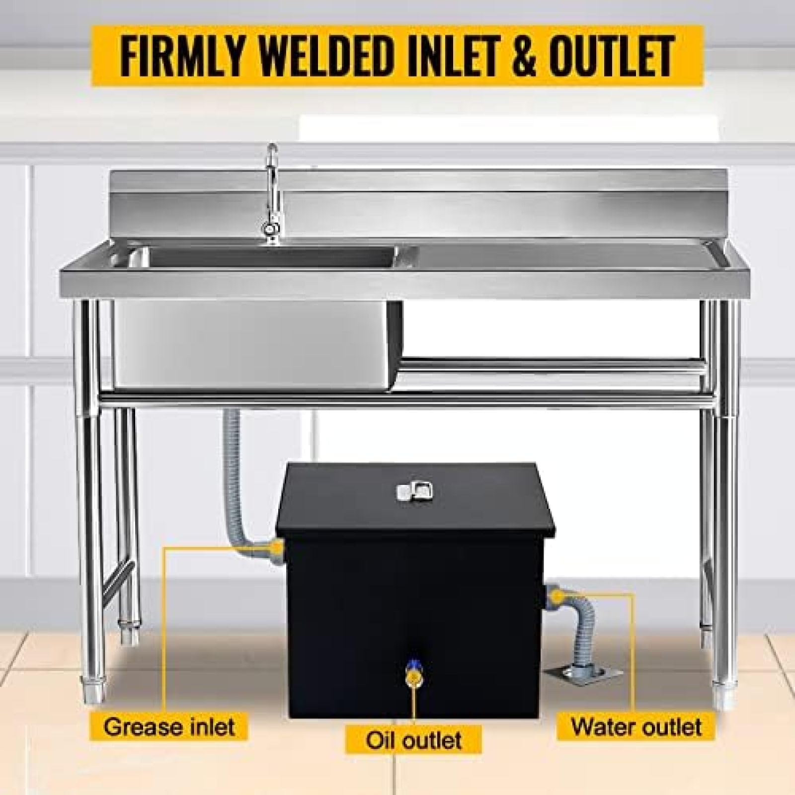Commercial Grease Trap & Interceptor - 4.6 GPM Under Sink Oil-Water Separator, Side Inlet Design, Carbon Steel Construction (14LB, Black) - Ideal for Restaurants, Canteens & Home Kitchens - Prevents Clogged Drains & Maintains Plumbing System