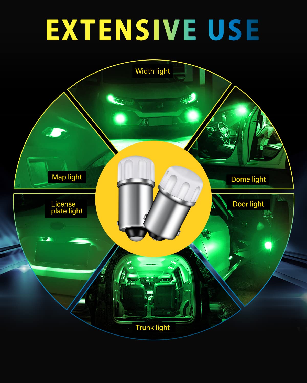 BA9S LED Car Bulbs - 10 Pack Green BA9 53 37 1895 1891 LED Lights for Car Interior, Instrument Panel, License Plate & Glove Box - Replacement for 47830 64111 - Perfect for Night Driving & Vehicle Customization