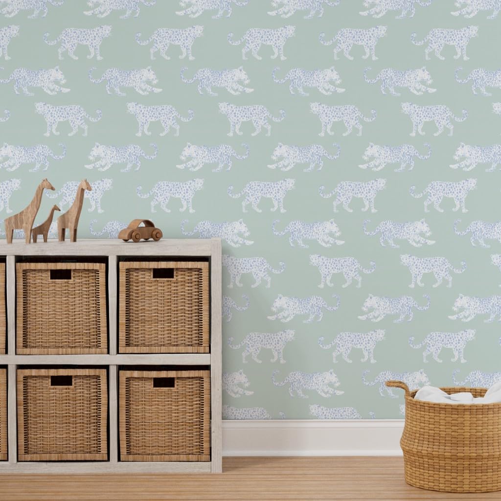 Peel & Stick Removable Wallpaper 9ft x 2ft - White Light Blue Sage Spots Animal Leopard Print Soft Green Custom Wallpaper by Spoonflower | Perfect for Nursery, Bedroom, Office & Home Decor