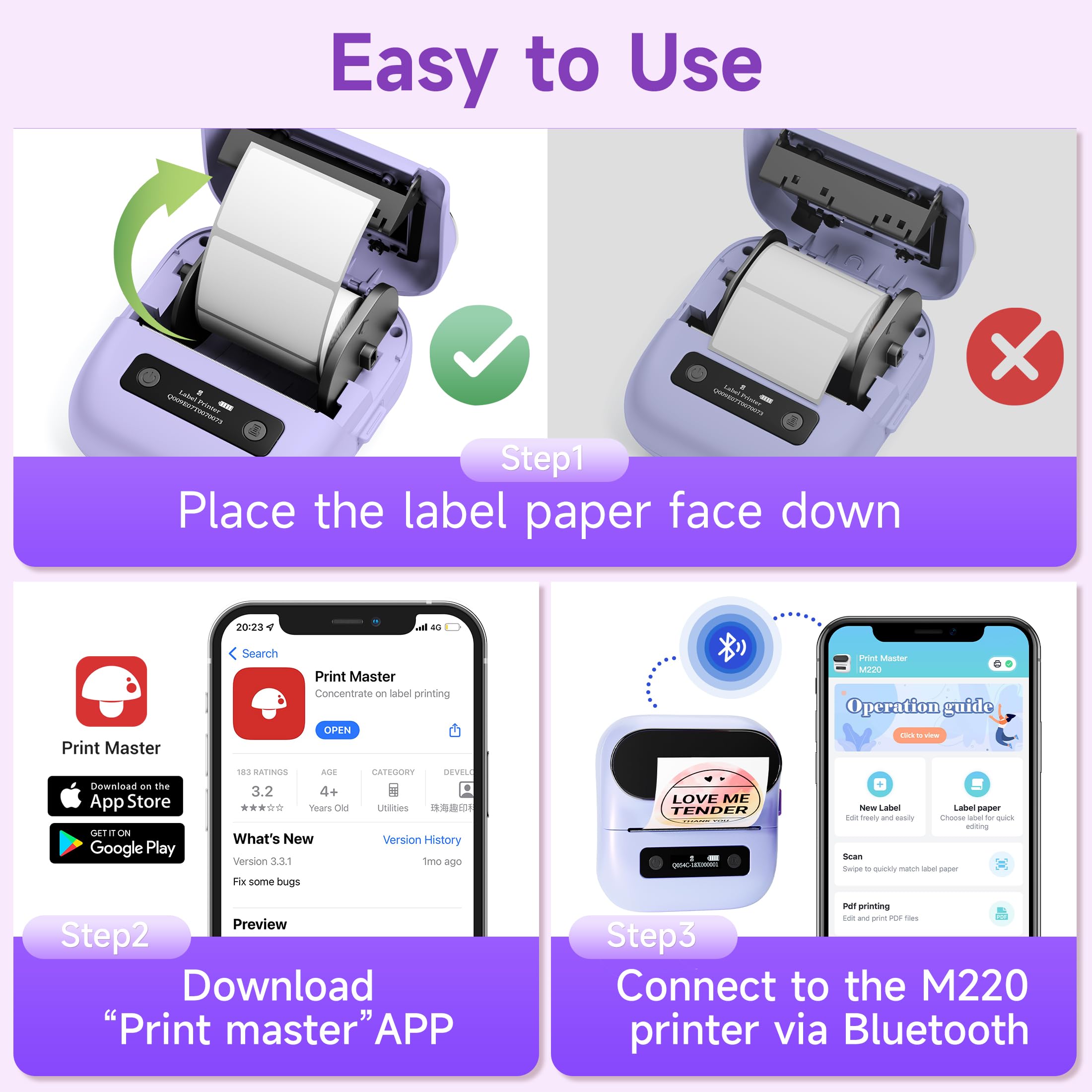 M220 Bluetooth Label Maker - Portable Thermal Sticker Printer for Small Business & Home Use | Compatible with Smartphone & PC | Prints 0.78-3.14 Inch Labels (Purple) | Perfect for Organizing, Shipping & Inventory Management