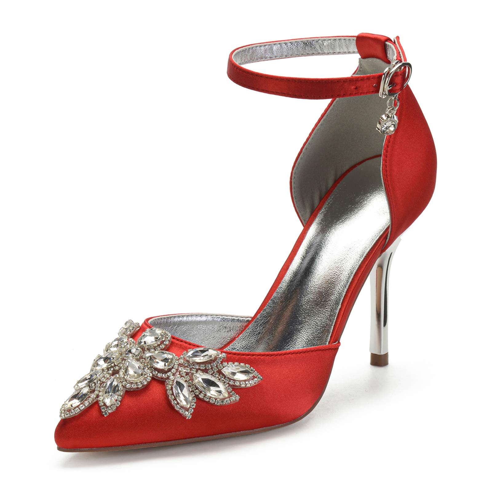 MGEM Women's Rhinestone Wedding Shoes - Pointed Toe Satin Stiletto Heels with Ankle Strap for Bride, Prom, Evening Party & Special Occasions