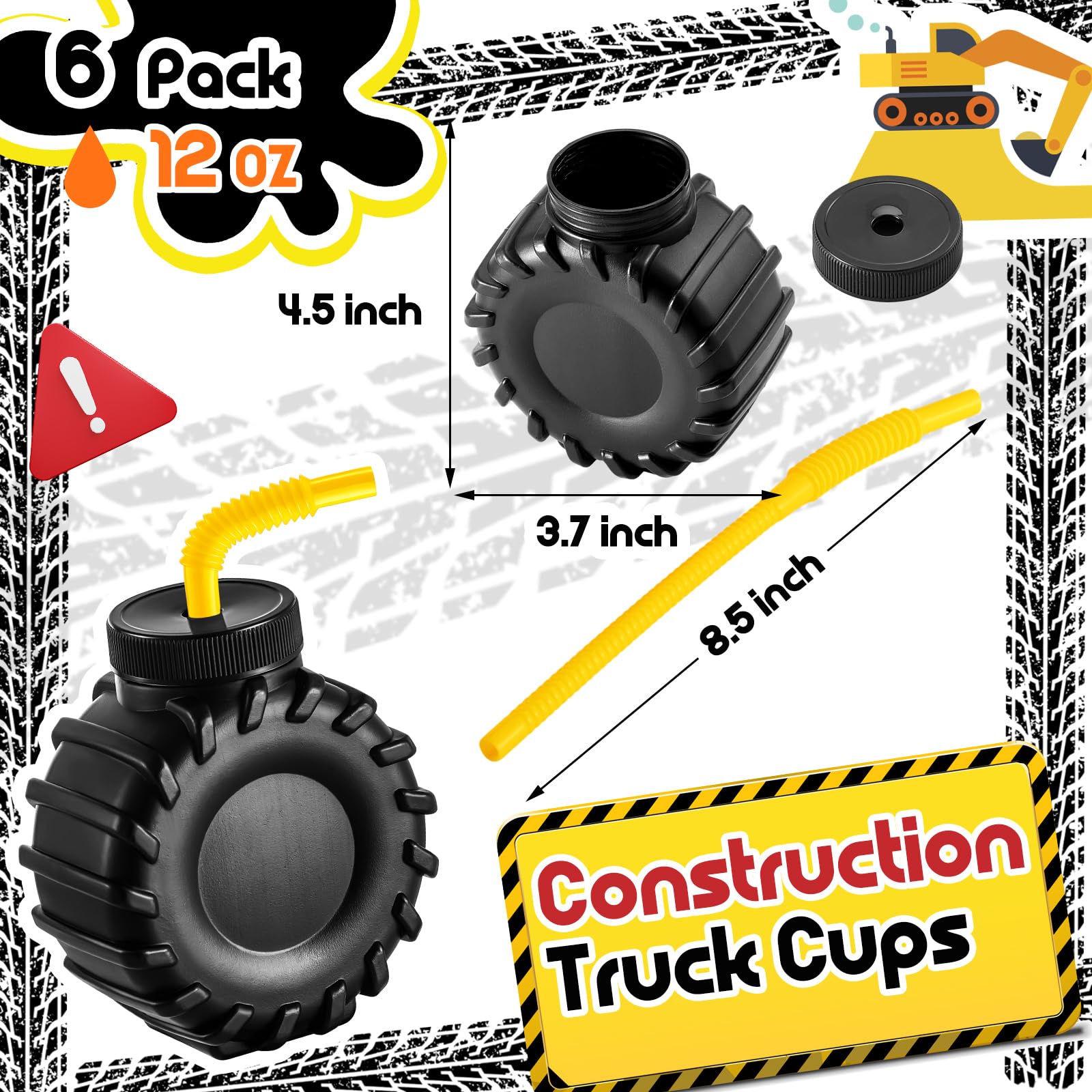 Amyhill 6-Piece 12 oz Construction Truck Cups Set with Orange Straws - Durable Plastic Kids Party Cups for Birthday, Construction Theme Party, Baby Shower & Summer BBQ Decorations