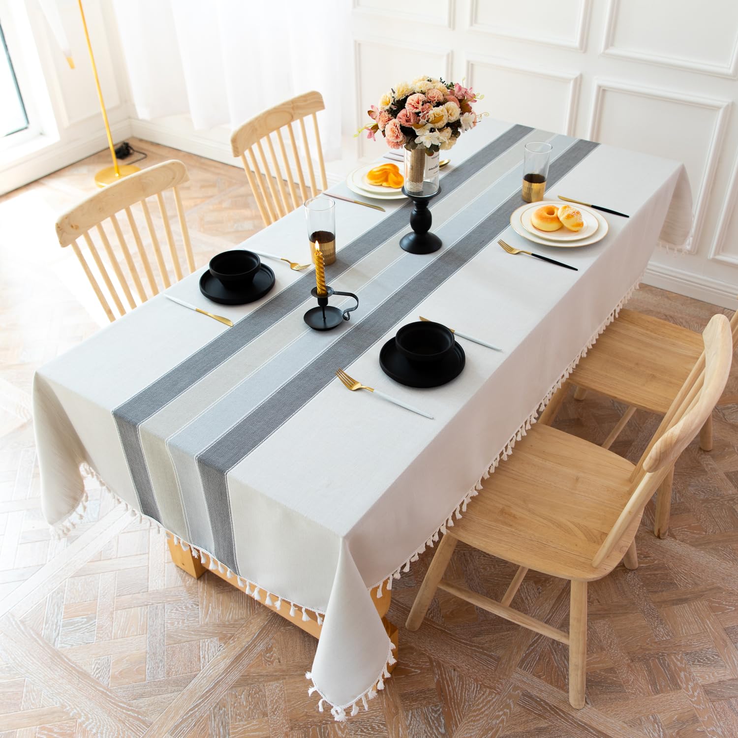 Rustic Cotton Linen Tablecloth for 6 Foot Rectangle Tables - Waterproof & Washable Dining Table Cover with Tassel (55''x86'', Fits 6-8 Seats) - Perfect for Farmhouse Dining, Outdoor Picnics, and Holiday Gatherings