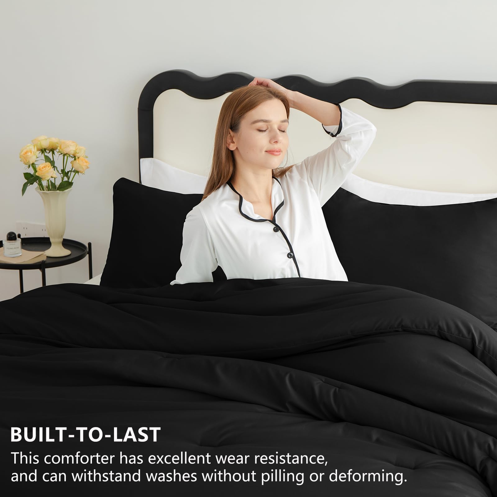 Luxury Queen Comforter Set - 3 Piece Black Microfiber Down Alternative Bedding | Breathable Quilted Design for All Seasons (1 Comforter + 2 Pillow Shams) | Soft & Cozy for Master Bedroom, Guest Room, or Dorm