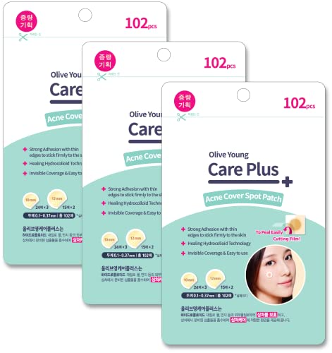 OLIVE YOUNG 3 Pack Care Plus Spot Patch 102ea (Total 306ea) - Hydrocolloid Acne Pimple Patches for Face, Absorbing Cover Patch for Blemishes & Breakouts, Moist Wound Dressing for Skin Care - Perfect for Overnight Treatment & Daily Acne Relief