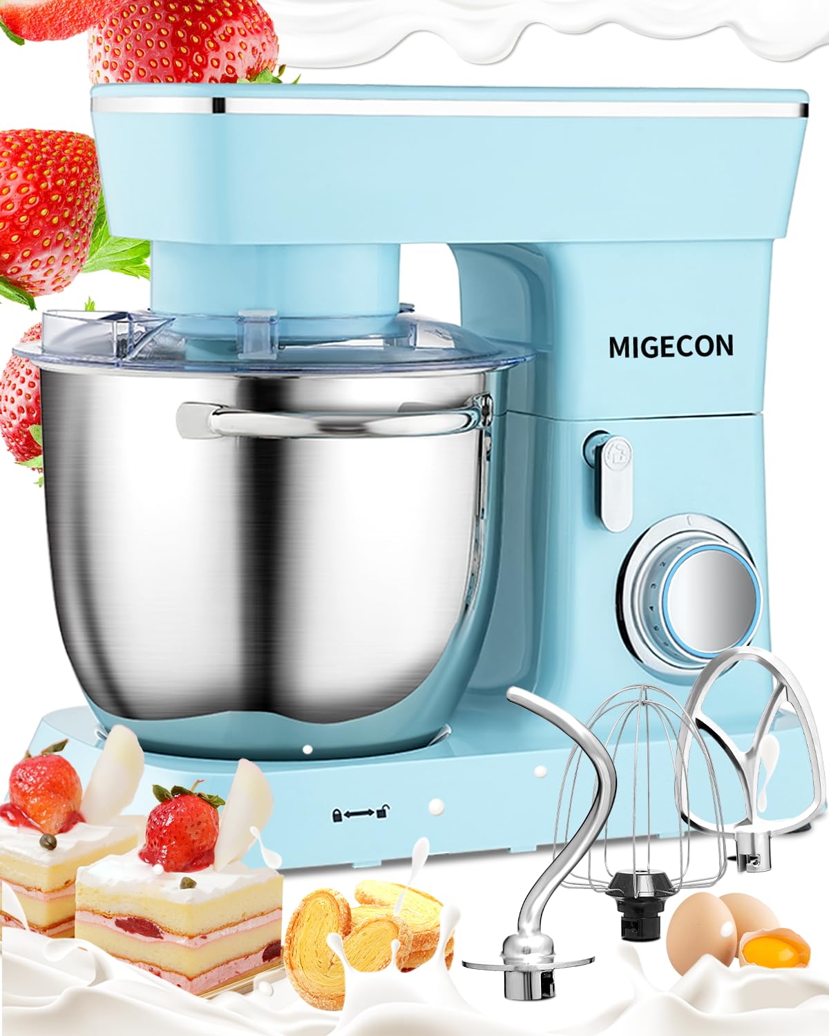 MIGECON 5.26 QT Stand Mixer - 10 Speed Electric Food Mixer with Dough Hook, Flat Beater & Whisk Attachments - Splash Guard - Perfect for Baking Cakes, Cookies & Bread Dough (Blue)