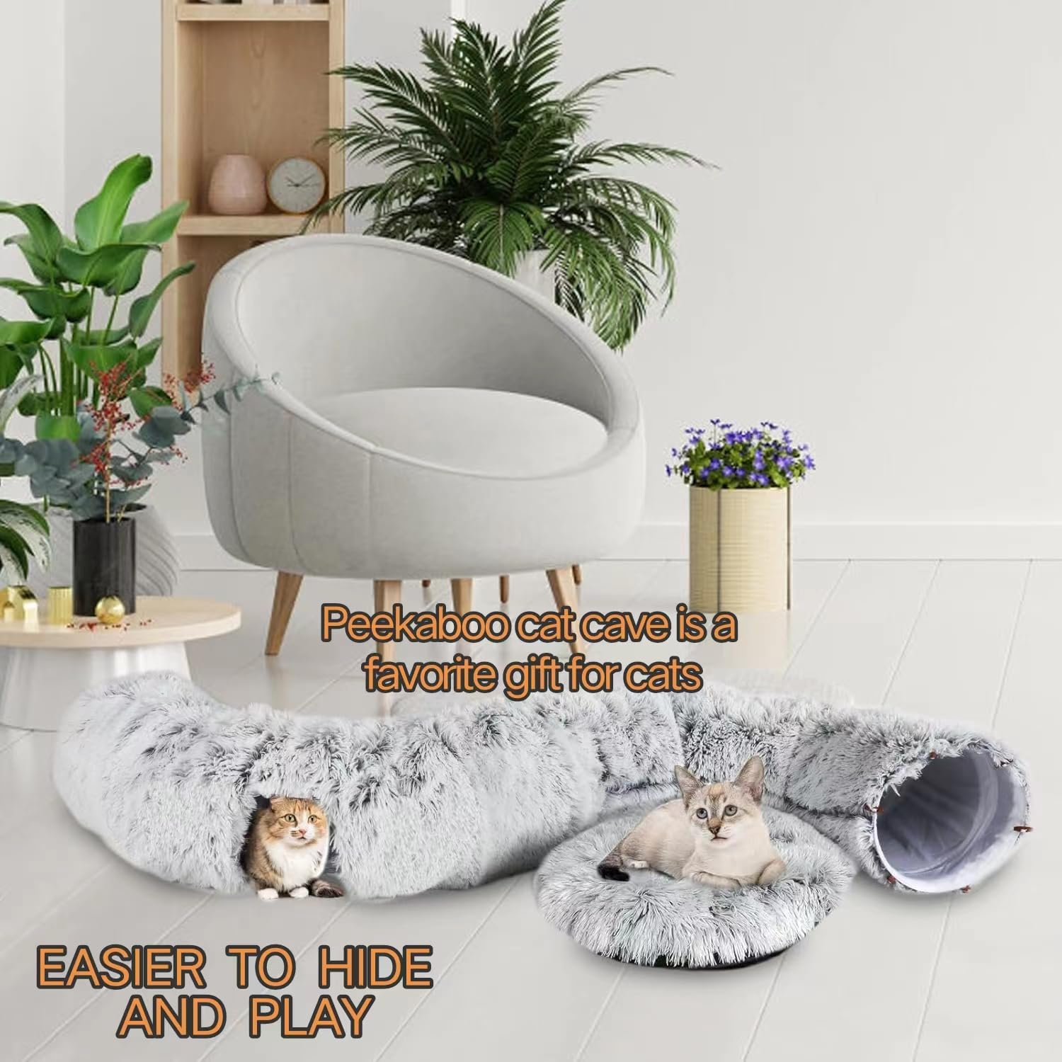CLKHOWL Washable Cat Tunnel Bed for Indoor Cats - Soft Donut-Shaped Pet Play Toy with Removable Cushion for Kittens, Puppies & Rabbits | Grey Cozy Hideaway for Playtime & Nap Time