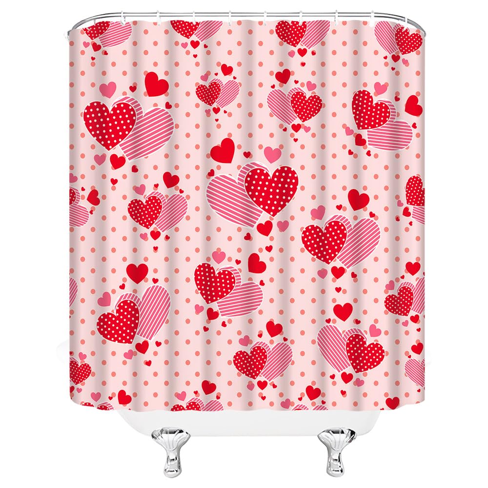 Valentine's Day Shower Curtain - Red Pink Heart Love Couple Sweet Polka Dot Striped Romantic Bathroom Decor with Hooks | Perfect for Couples' Bathroom, Anniversary Gift & Valentine's Decor